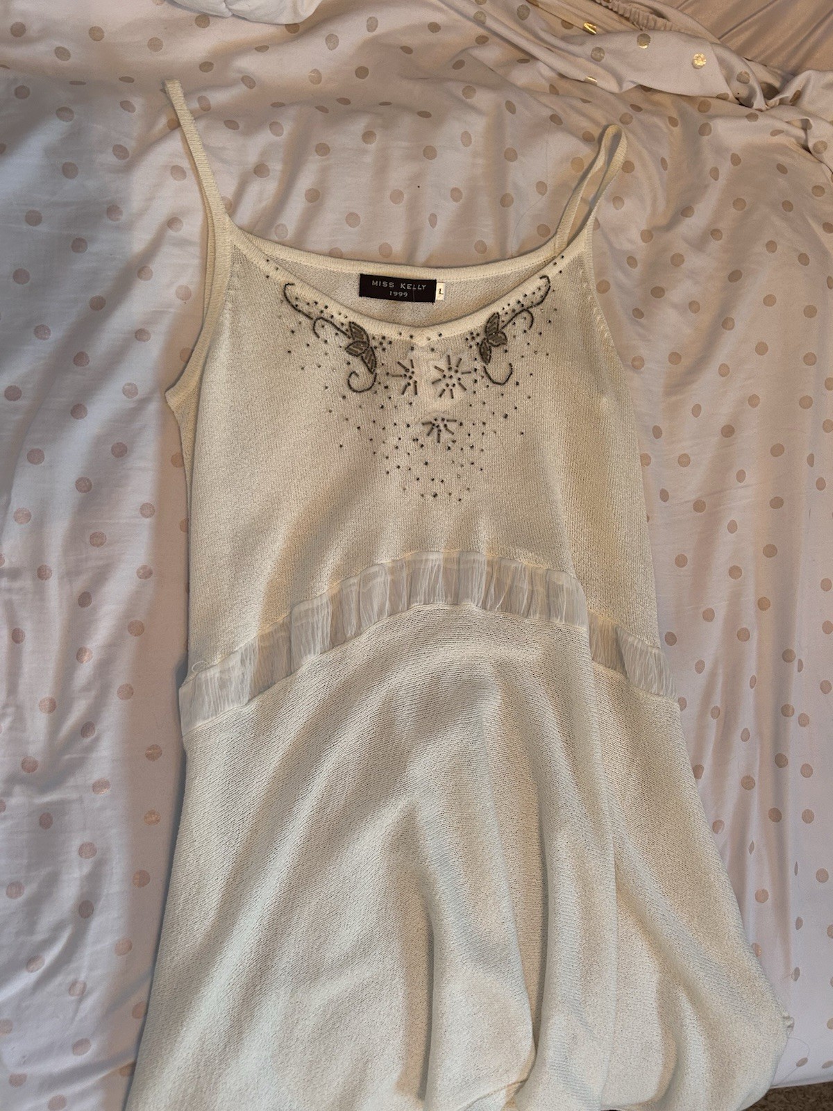 Miss Kelly Ivory Knit A-Line Dress Scoop Neck Sleeveless Beaded Size L