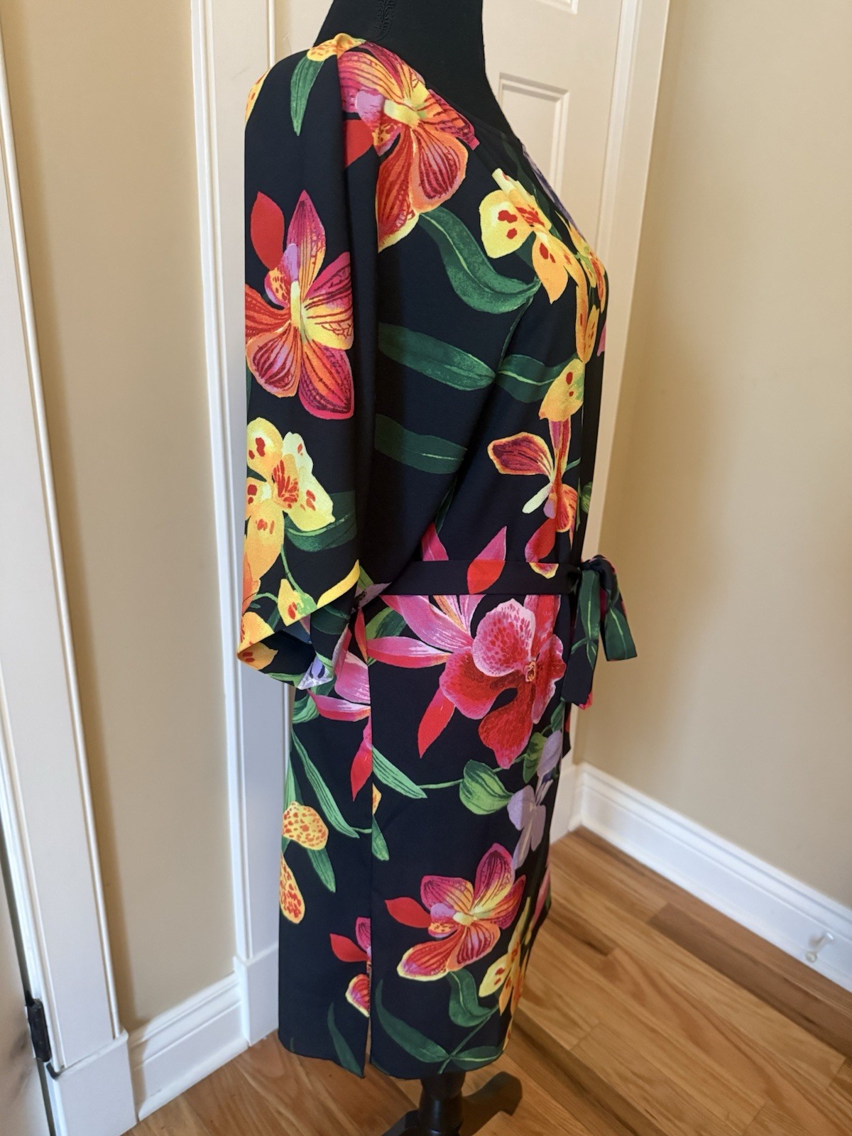 Lands’ End Black Multicolored Floral Dress Short Sleeve Womens Size S (6-8) NWOT