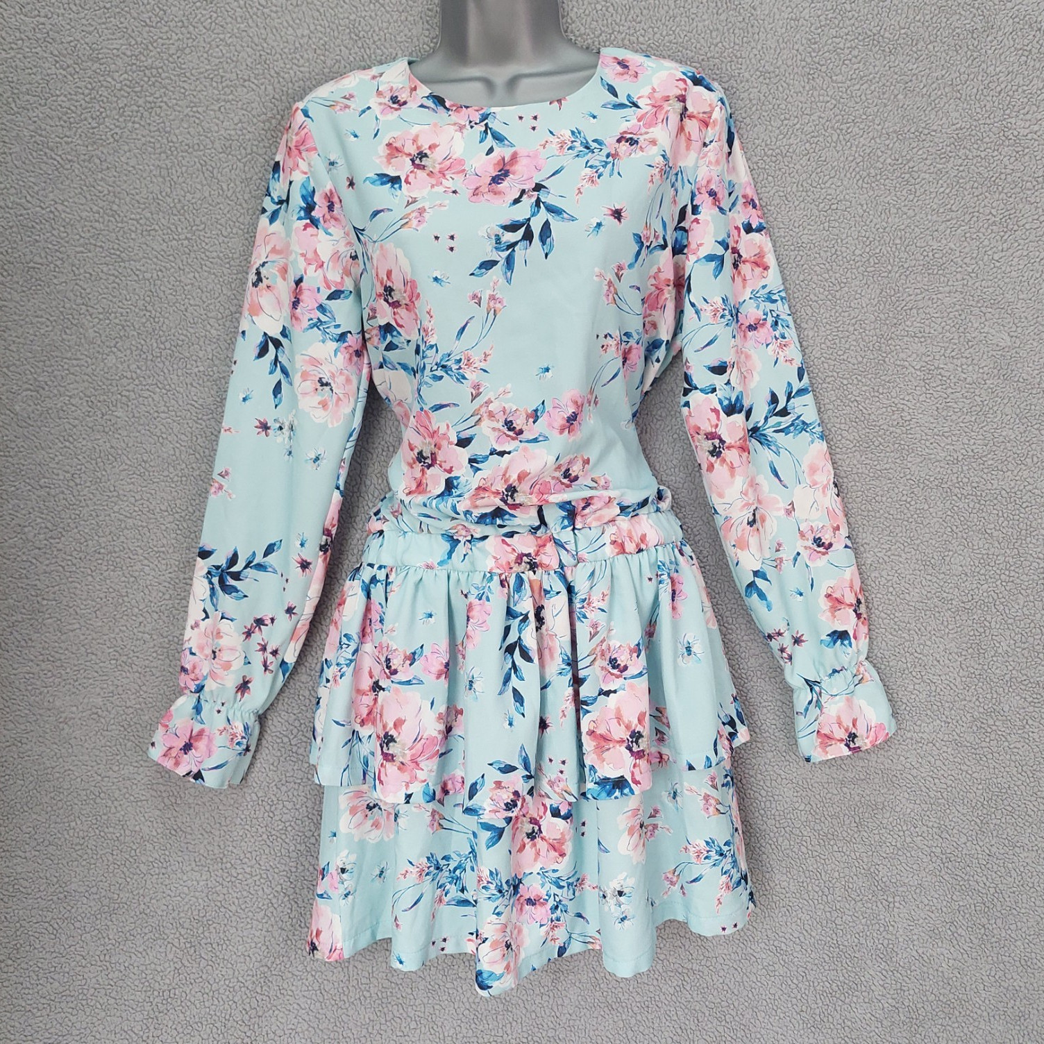 Ladies UK 10 Pale Blue Pink Floral Tiered Peplum Mini Dress Summer Boho light