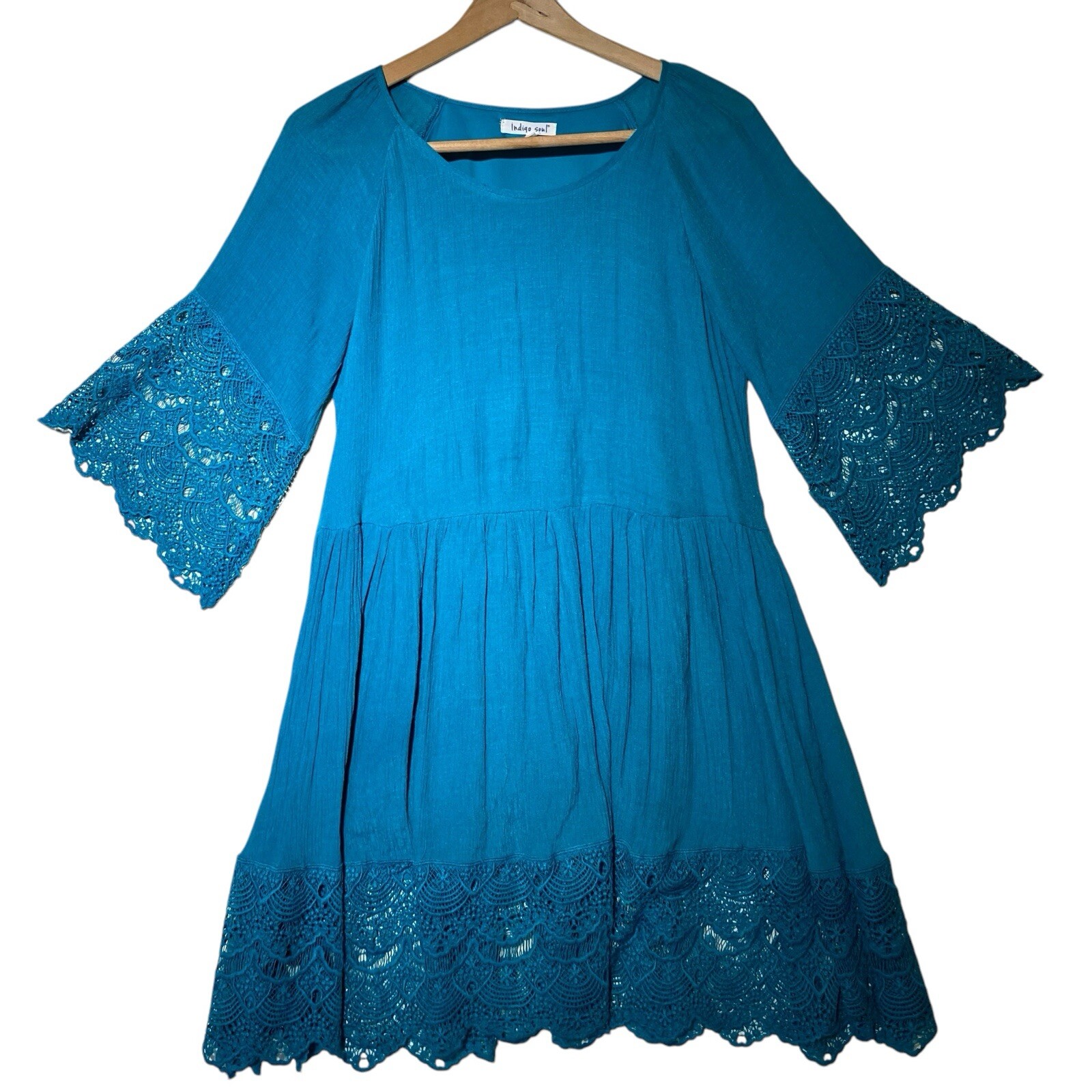 Indigo Soul Womans Teal Cottagecore Feminine Flowy Lacey Lined Dress Size L
