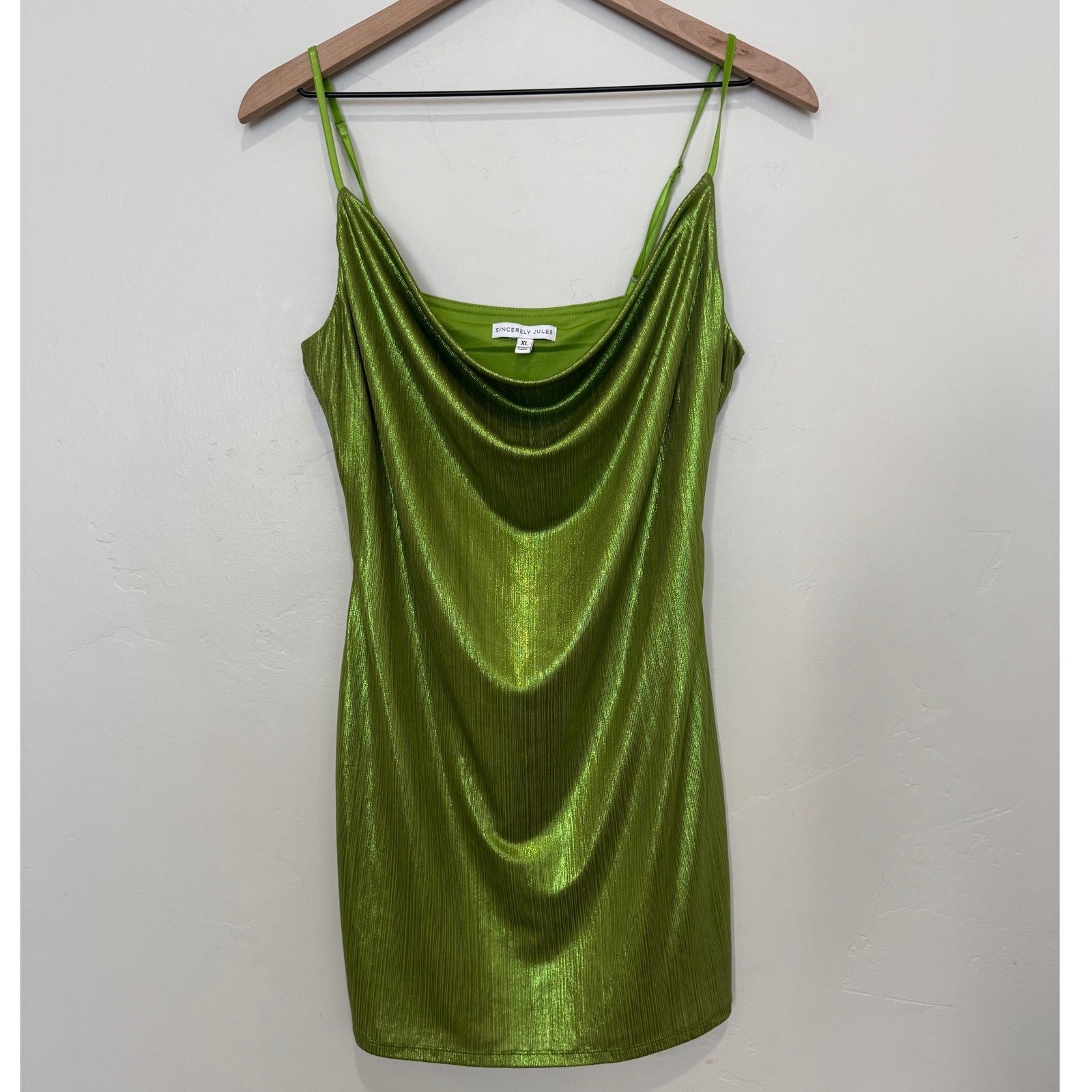 Sincerely Jules Metallic Green Cowl Neck Bodycon Mini Dress XL Party Shimmer