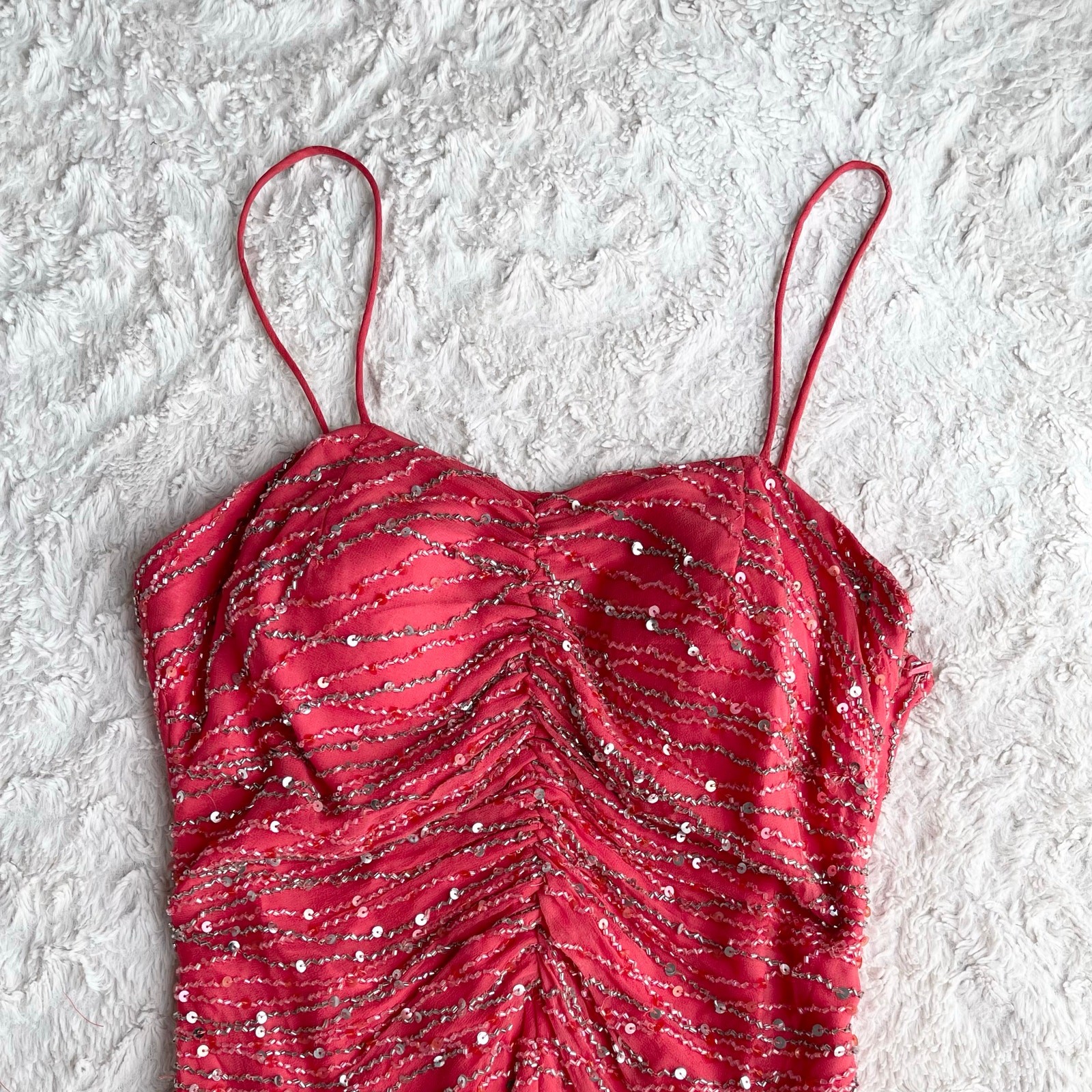 Scala coral pink 100% silk ruffle hem slip dress gown prom beaded sequin formal