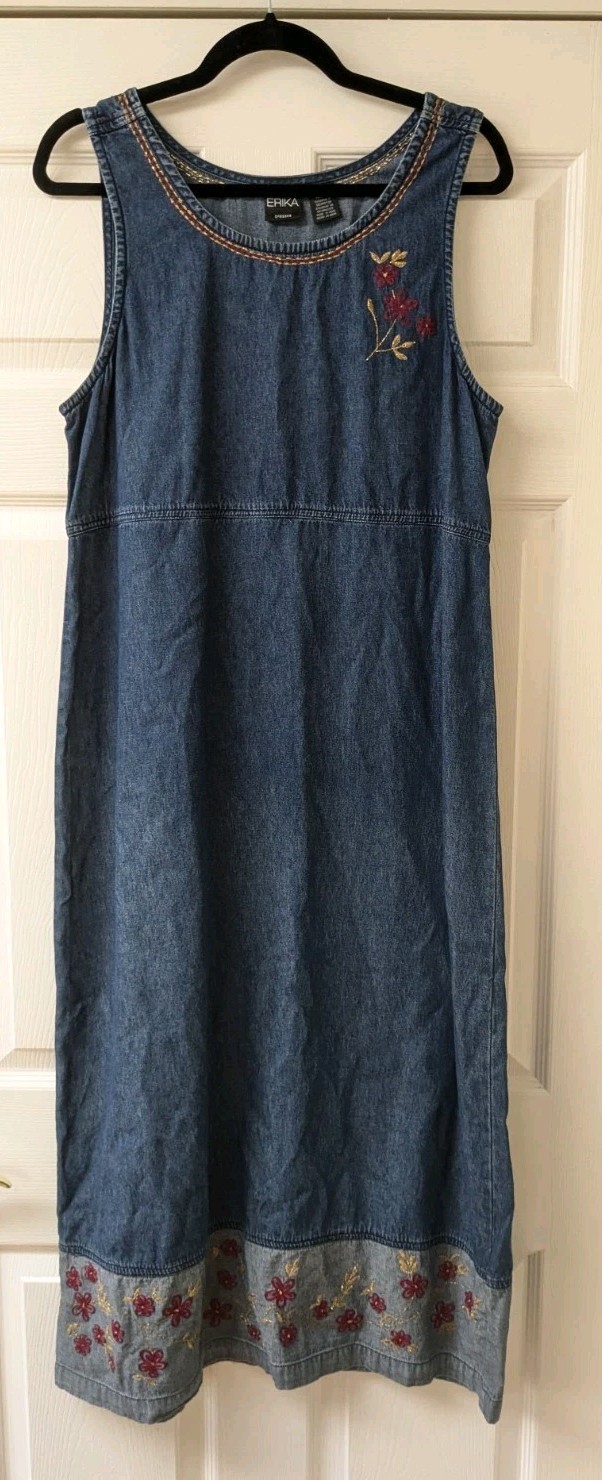 Vintage 90s Erika Denim Dress Medium Embroidered Floral Jumper Cottage