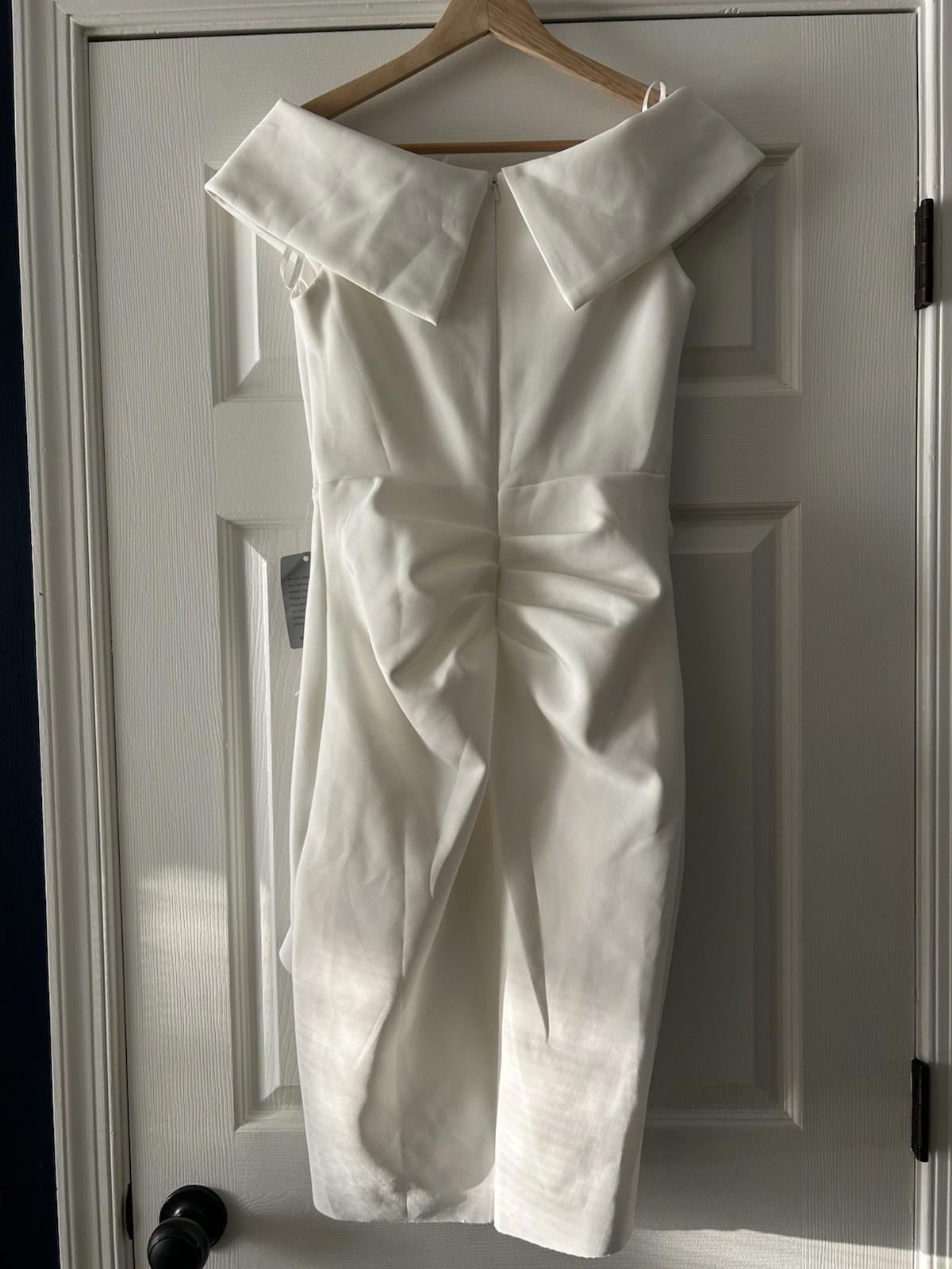 XSCAPE Womens White Scuba Waterfall Ruffle Short Sleeve Midi Sheath Dress 4