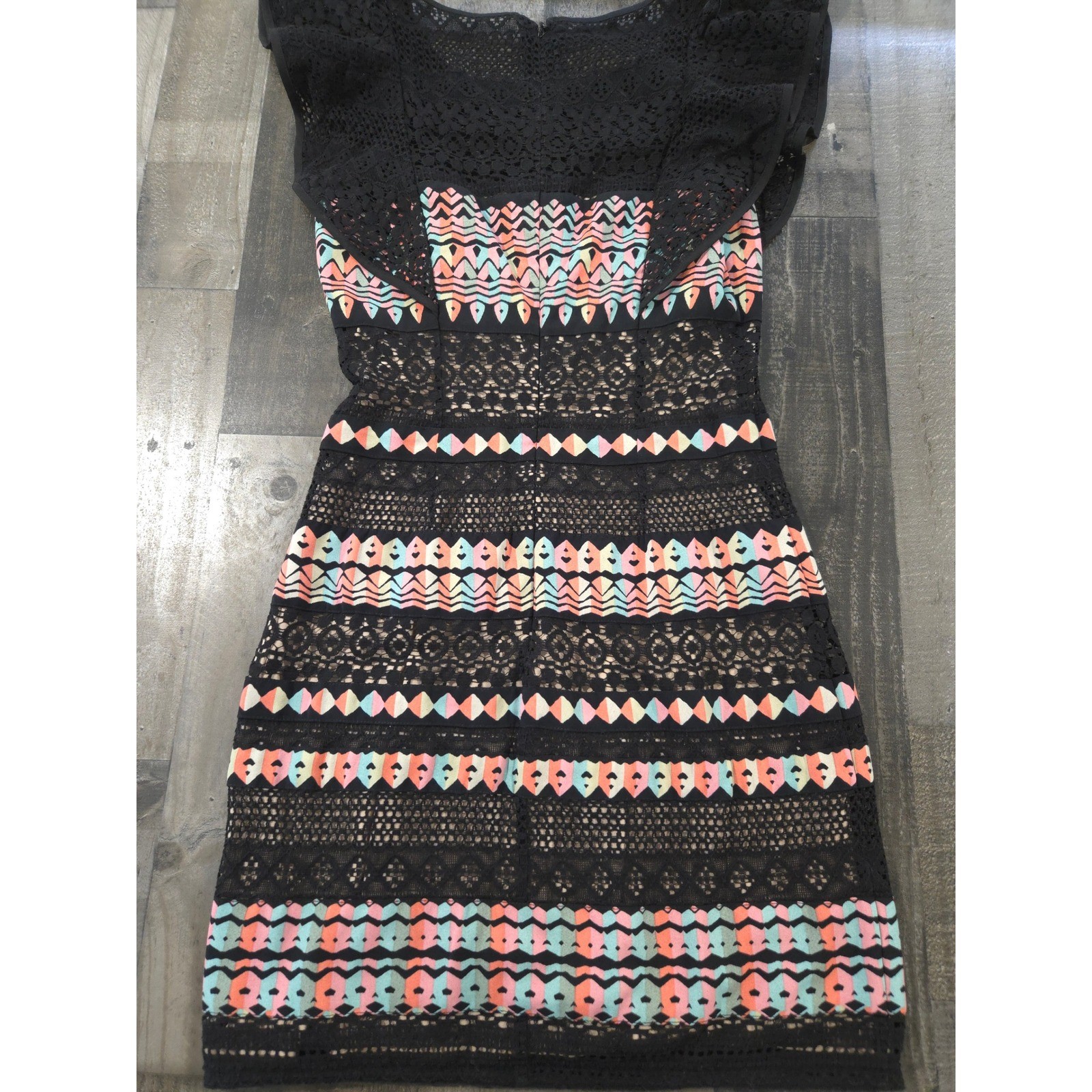 BCBGMAXAZRIA Roxine Black Multicolor Lace Geometric Ruffle Mini Dress XXS