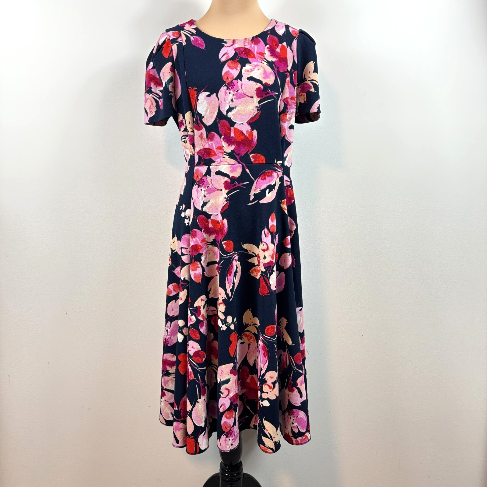 Calvin Klein Women’s size 12 Floral Fit Flare Dress Navy Pink Zip Back Sheath
