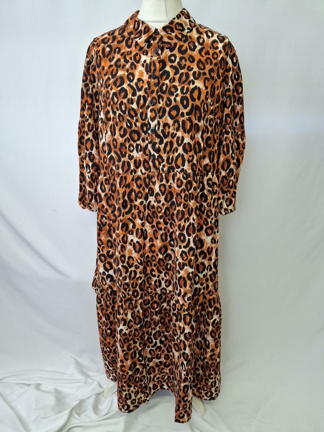 YOURS Shirt Midi Dress Leopard Animal Print Tiered 3/4 Sleeve UK18 NWT L3542