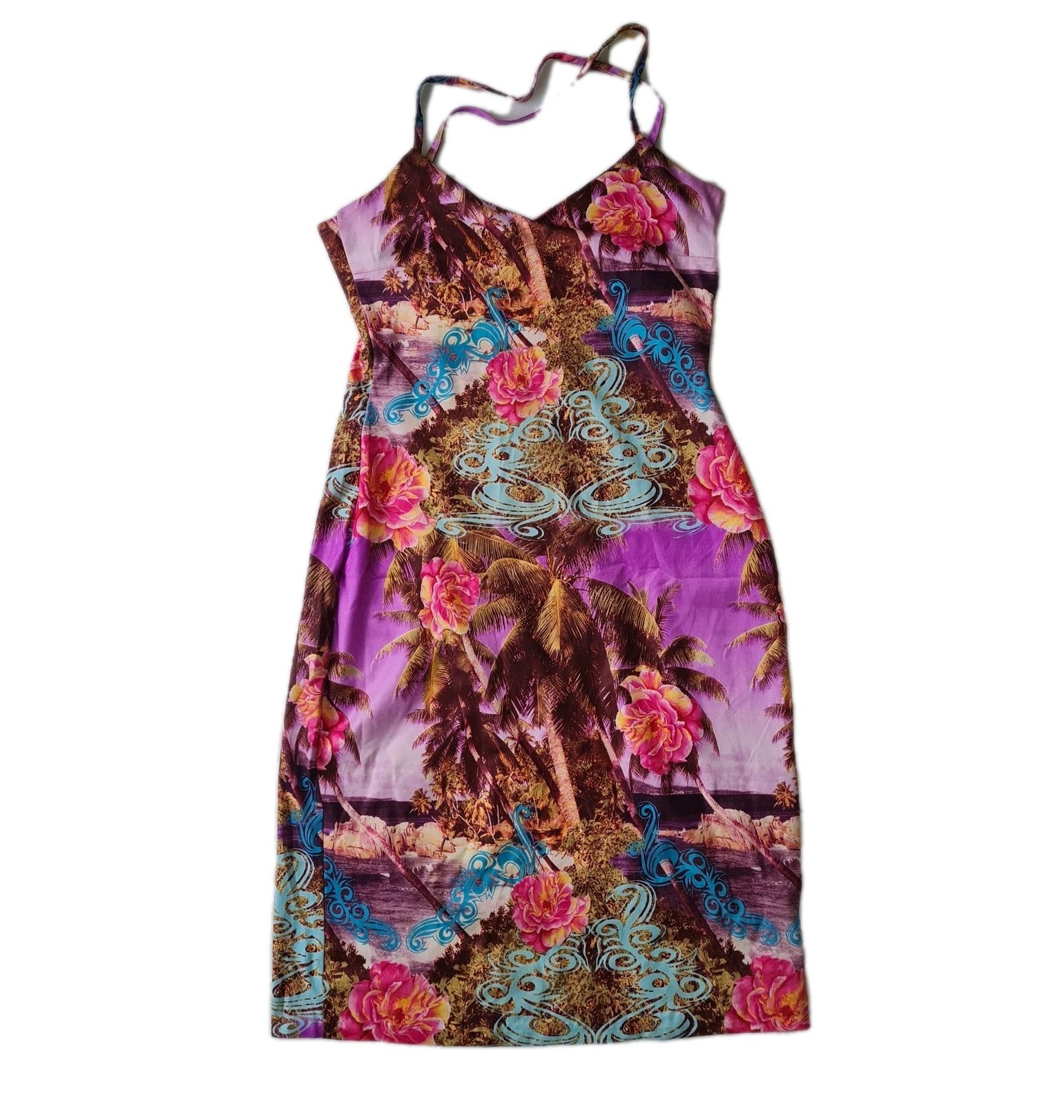 Only Designer Dress Tropical Palm Floral L Print Pink Purple Sun Dress Mini M