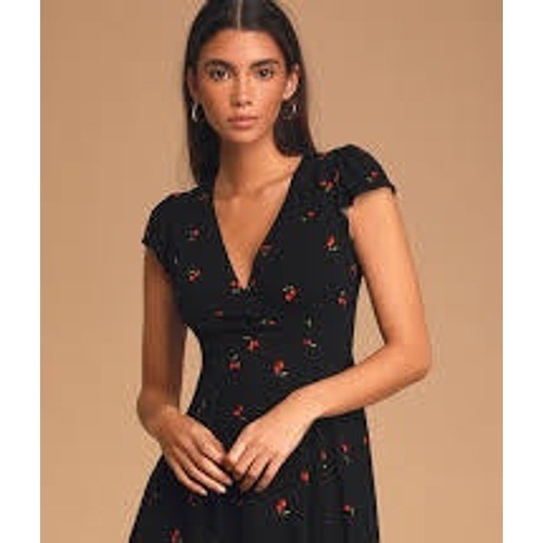 Lulus Mini Dress Women Medium Black Cherry Print Cherish You Surplice Flutter
