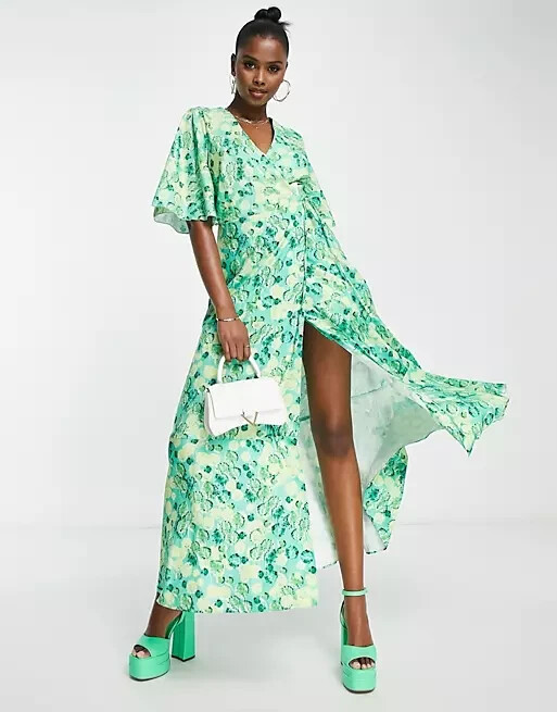 GREENFLORAL WRAP FRILL MAXI DRESS 14 BNWT99 RRP £60