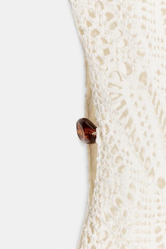 ZARA CROCHET TRIM MIDI SLEEVELESS BEADS SLIT OYSTER WHITE DRESS sz XS 0387/068