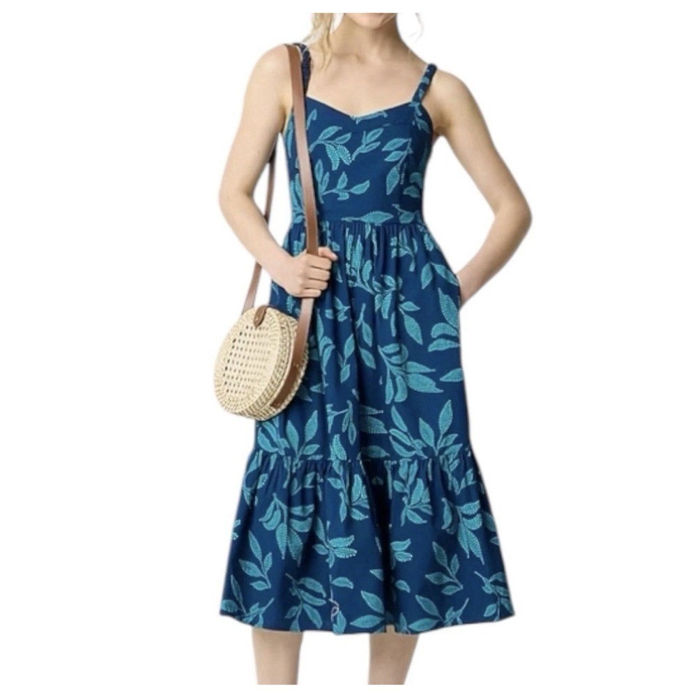 J Crew Poplin Corset Midi Dress XS P00 Blue Floral Tiered NWT