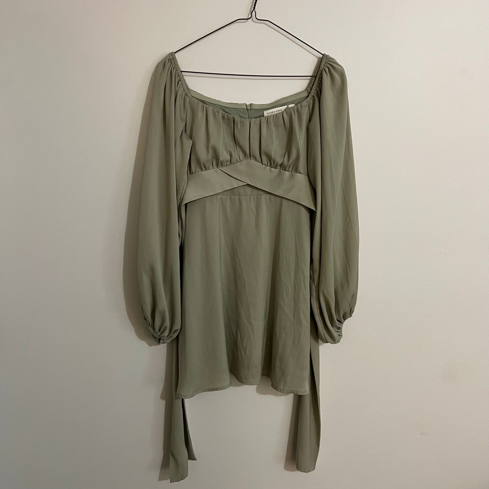 Altar’d State Sage Green Mini Dress Small S Fairy-Core Bishop Sleeve Tie Back