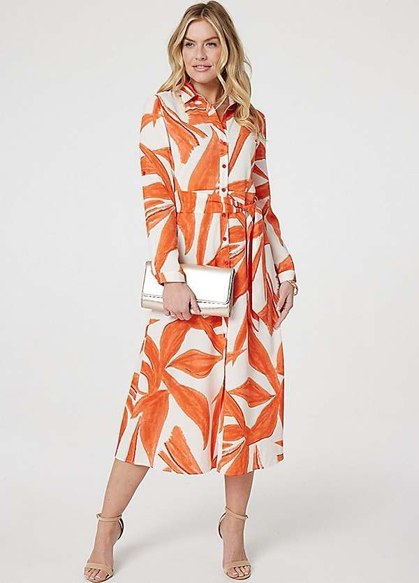 Izabel London Orange Printed Long Sleeve Midi Shirt Dress Size 16 BNWT