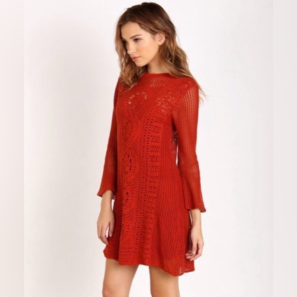 Free People Rosalind Burnt Orange Crochet Long Bell Sleeve Dress NWOT Large
