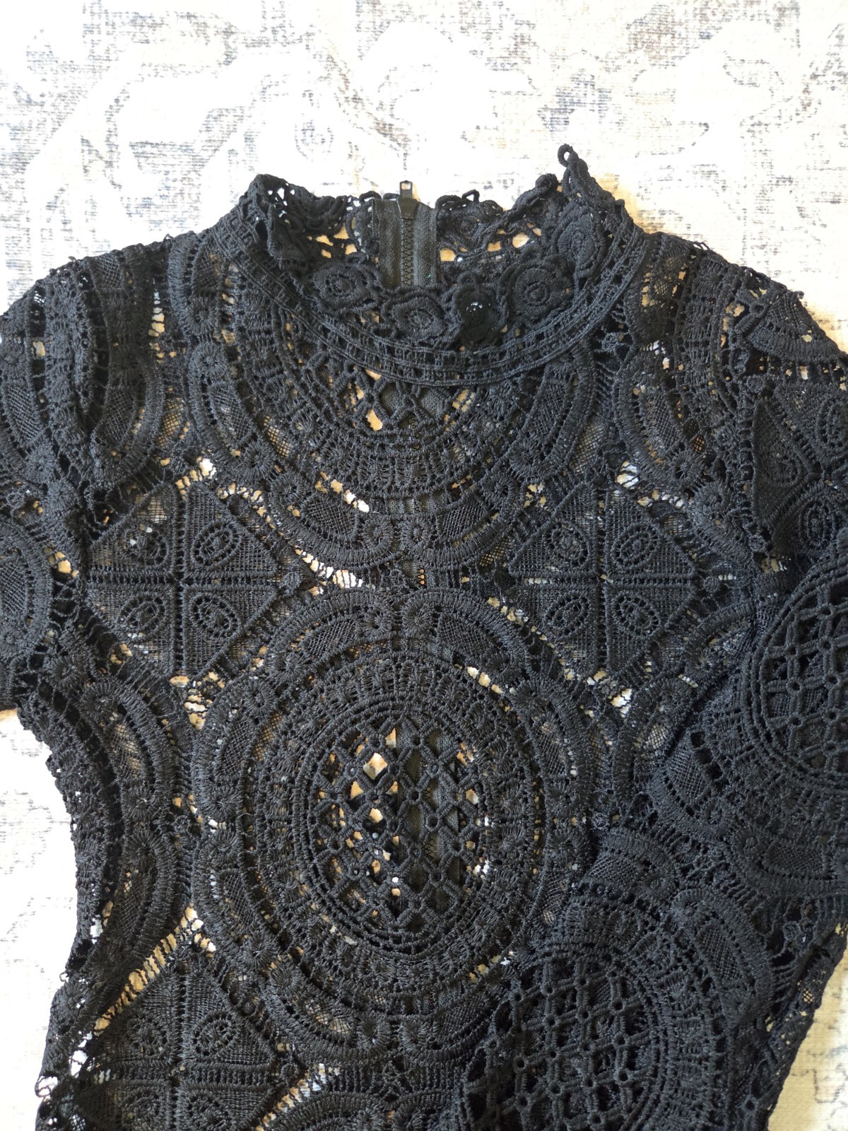 Black Lace Bodycon Mini Dress Mock Neck Bell Sleeve SX Dark Academia Goth