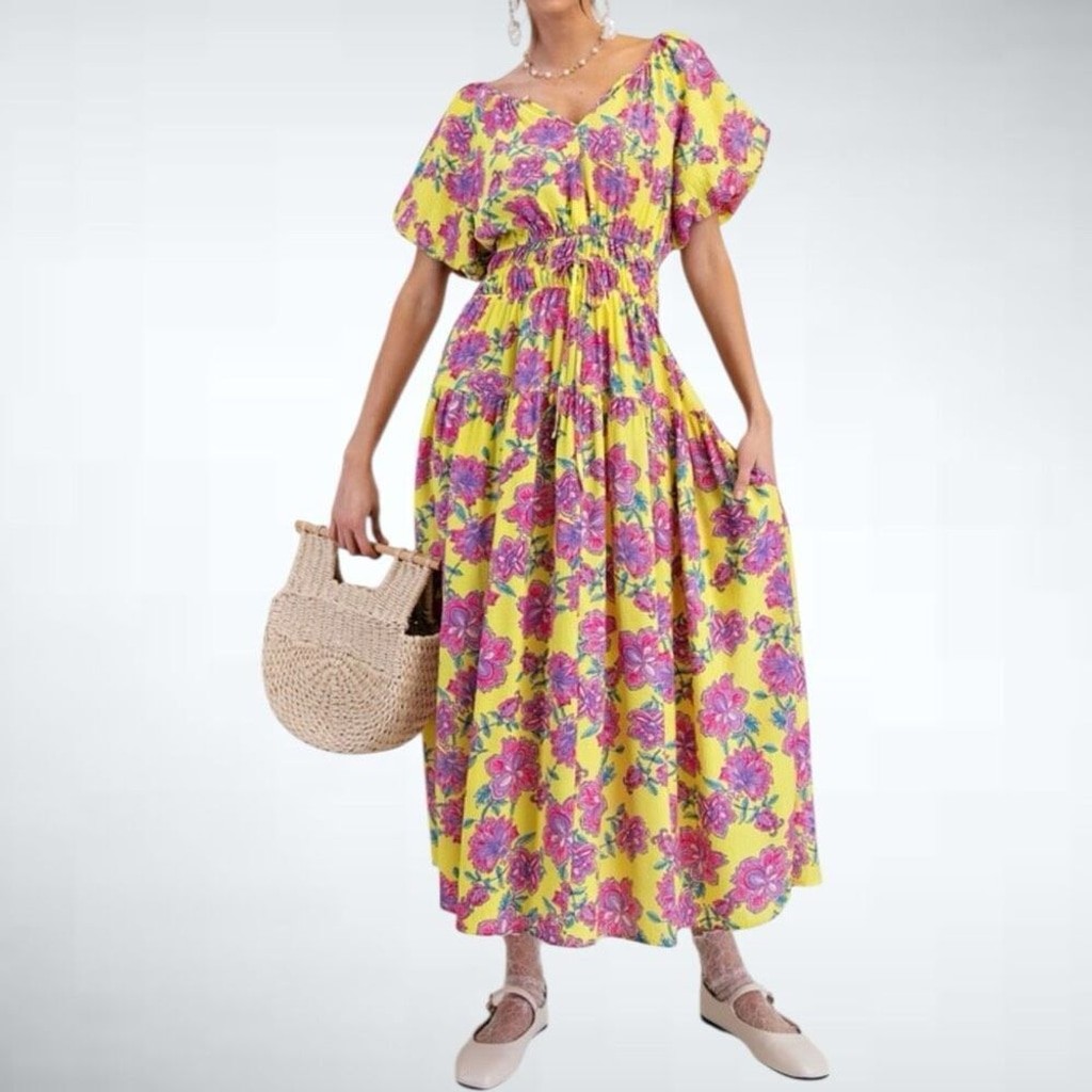 Size S Easel Los Angeles Boho Peach Blossom Floral Maxi Dress in Yellow