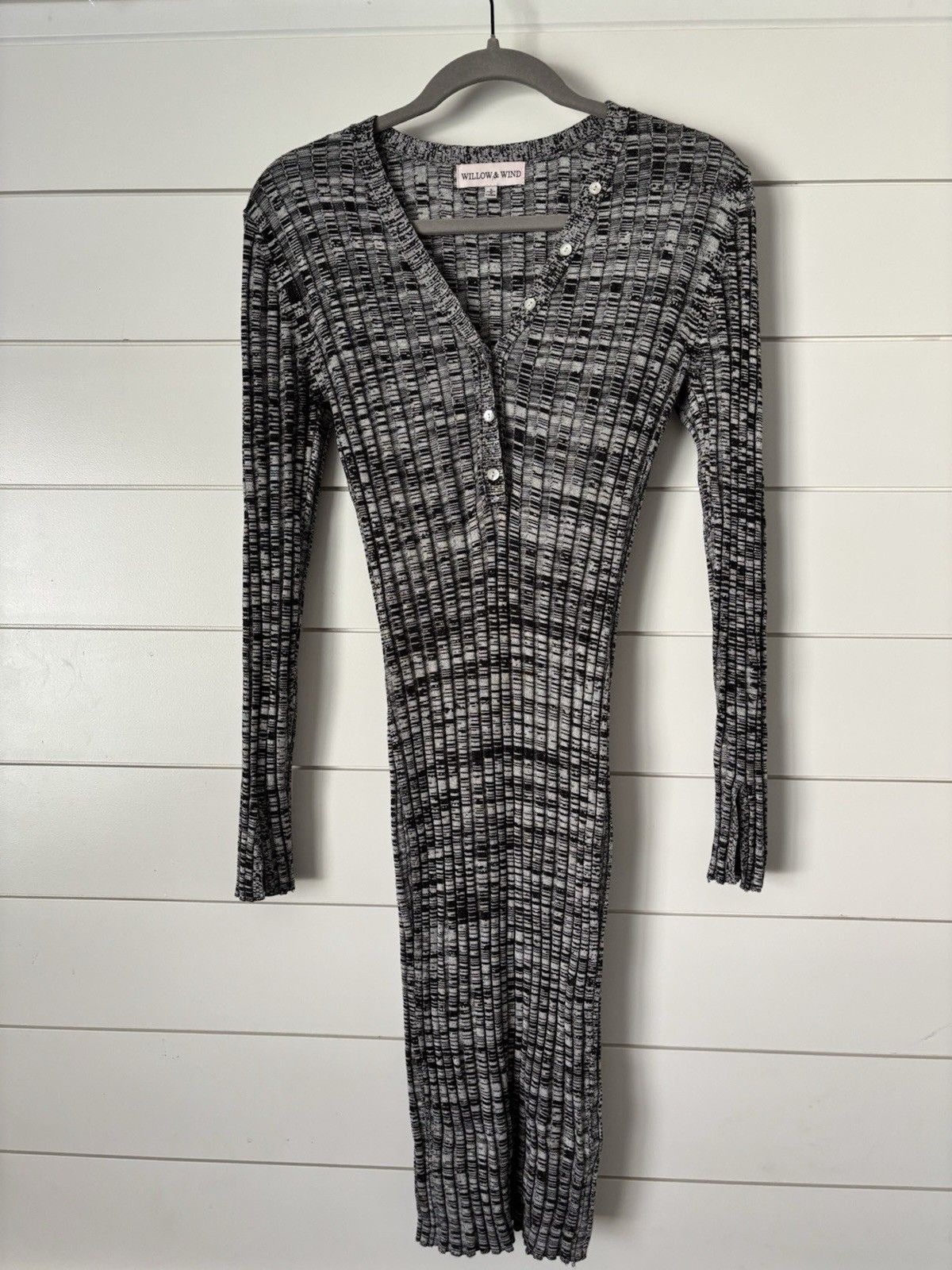 Willow & Wind Black White Gray Heather Ribbed Knit Henley Bodycon Dress Size S