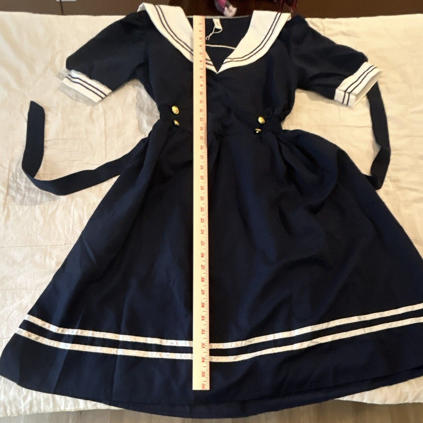 QIAO DUO YI M Women’s Navy White Sailor Collar A-Line Belted Dress Button Bow