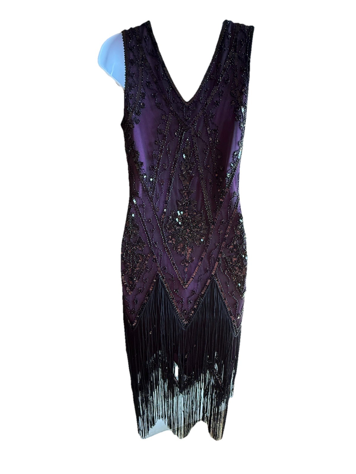 PrettyGuide Sequin Fringe Cocktail Midi Dress Size L Gatsby Glam Flapper Purple