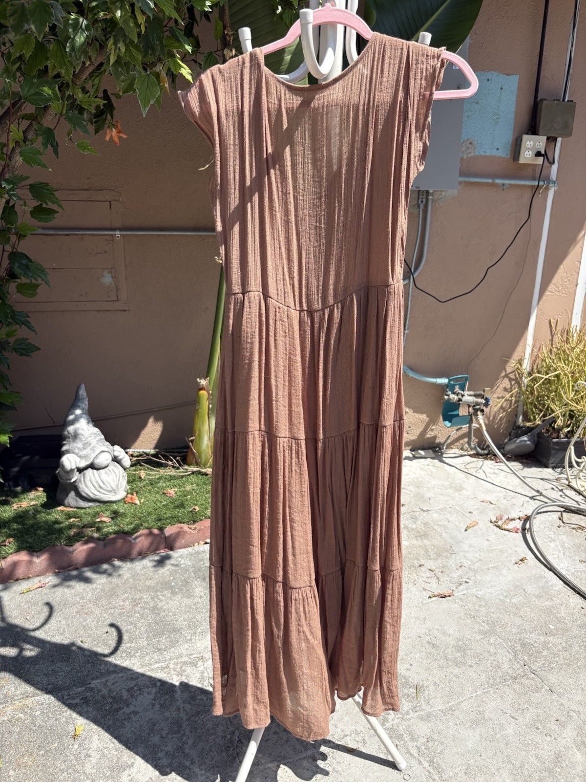 Blu Pepper Brown Solid Sleeveless Sundress Round Neck Button Tiered Midi M