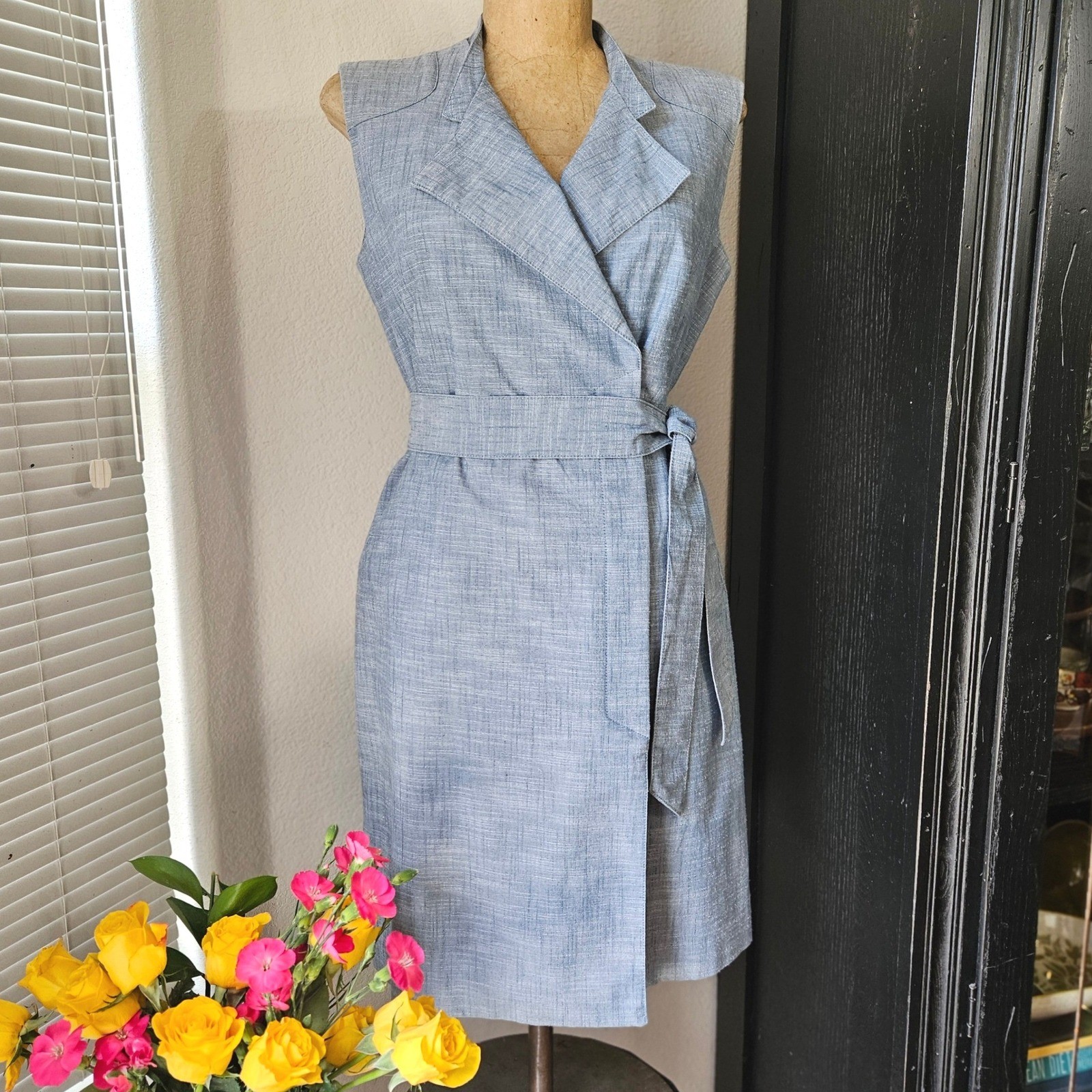 Sharagano Womens Blue Sleeveless Wrap Dress Notch Lapel Tie Waist Size 6