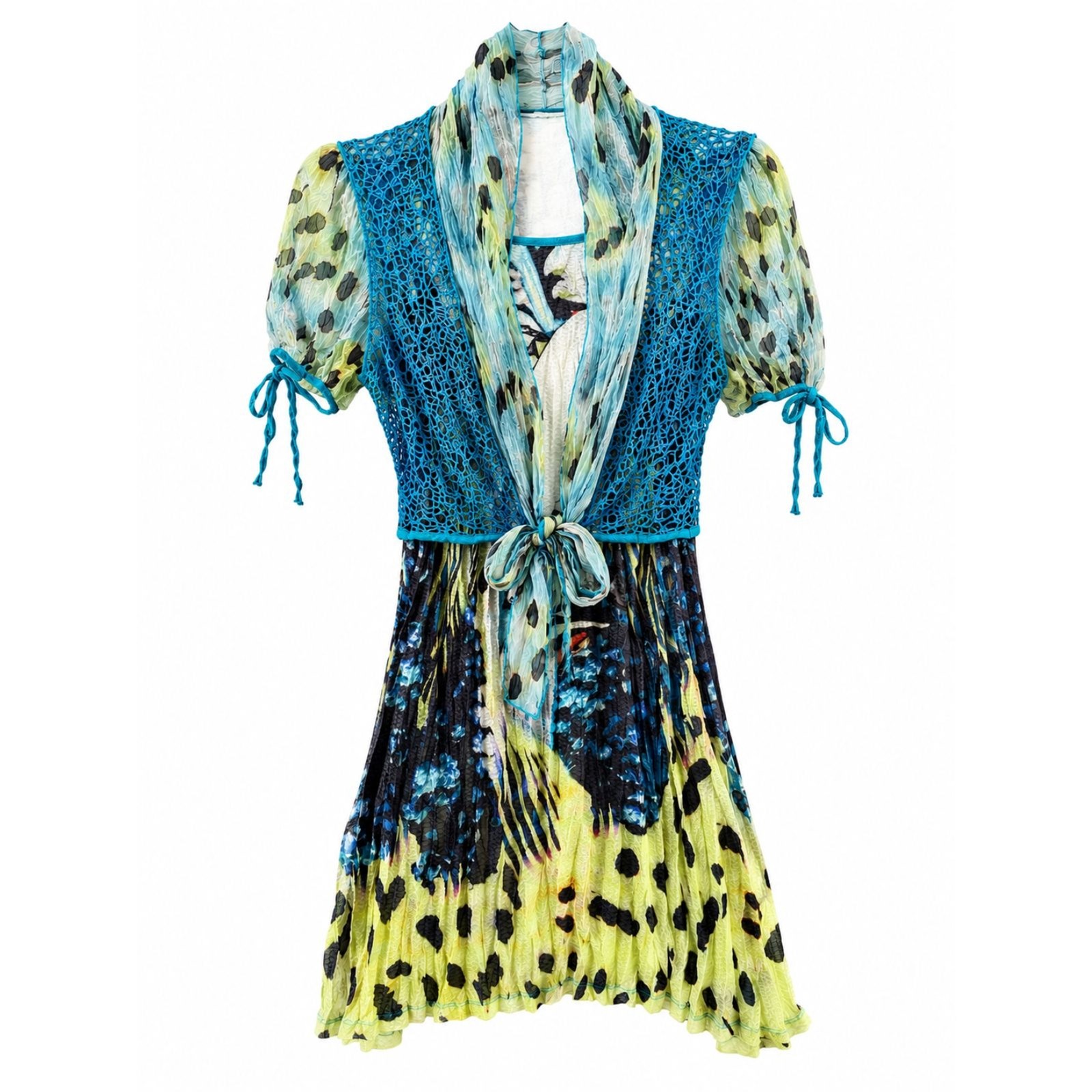 Y2K Fairycore Boho FestivalFleur De Lis Butterfly Print Crochet Tie Front Dress