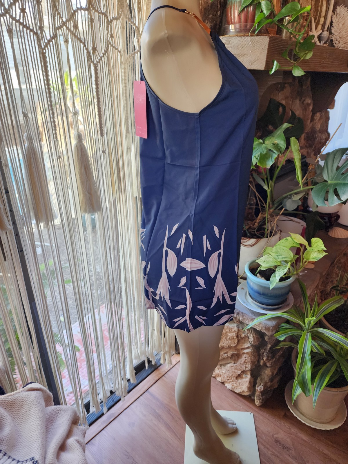 Women’s Size M Navy Blue Halter Mini Dress Gold Hardware Tropical Print NWT