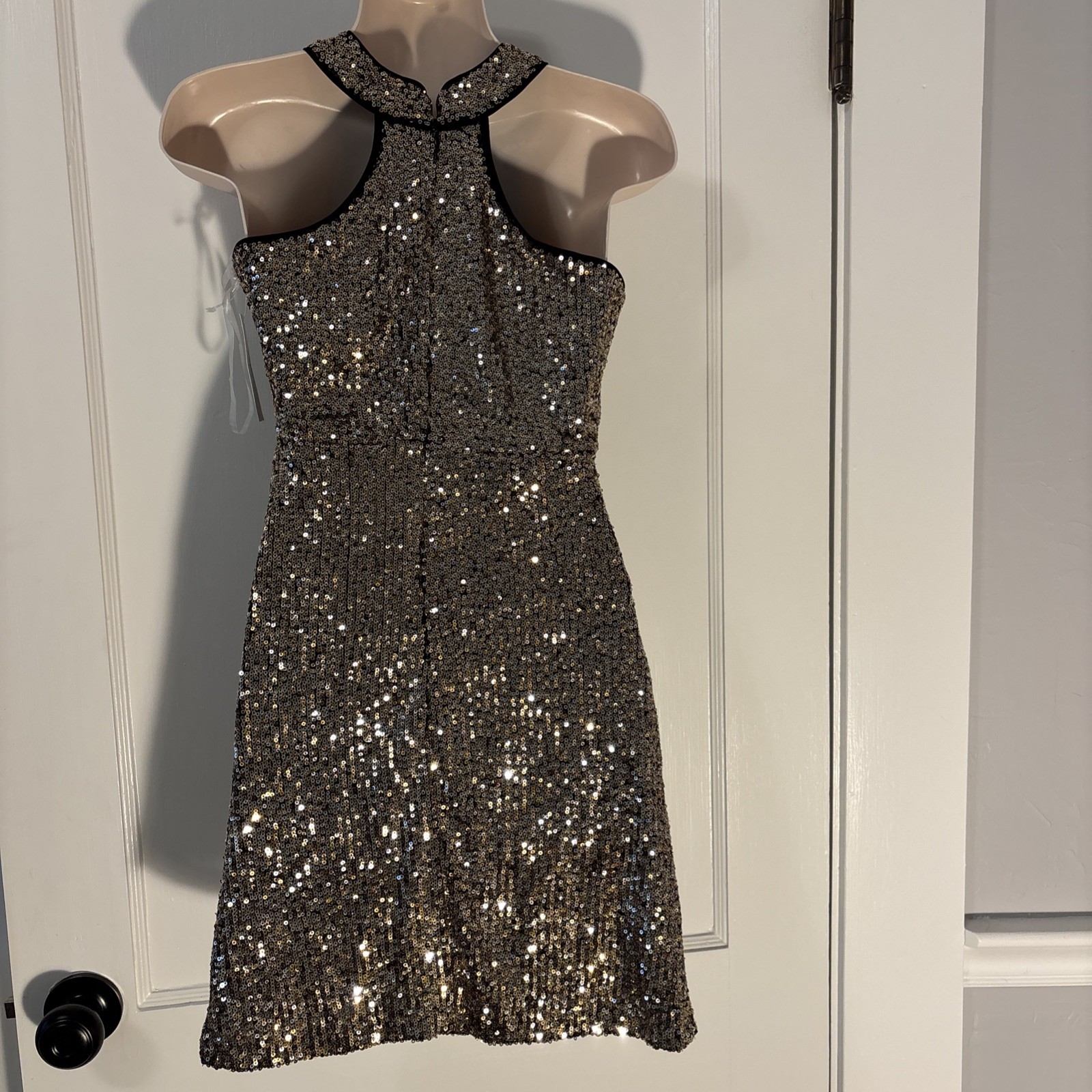 Jessica Simpson Gold Halter Neck Rouched Waist Sequin Dress Sz 10 Stretchy NWT