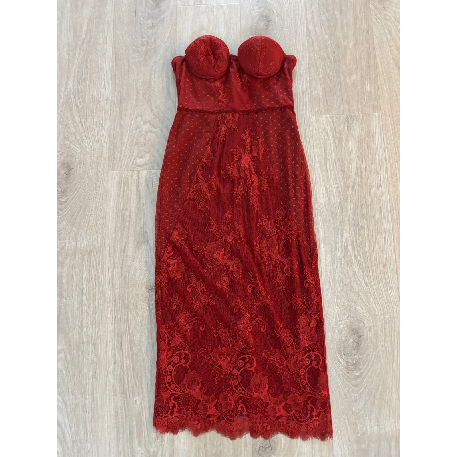 Lovers + Friends Midi Dress Womens Small Red Lace Strapless Bustier Bodycon