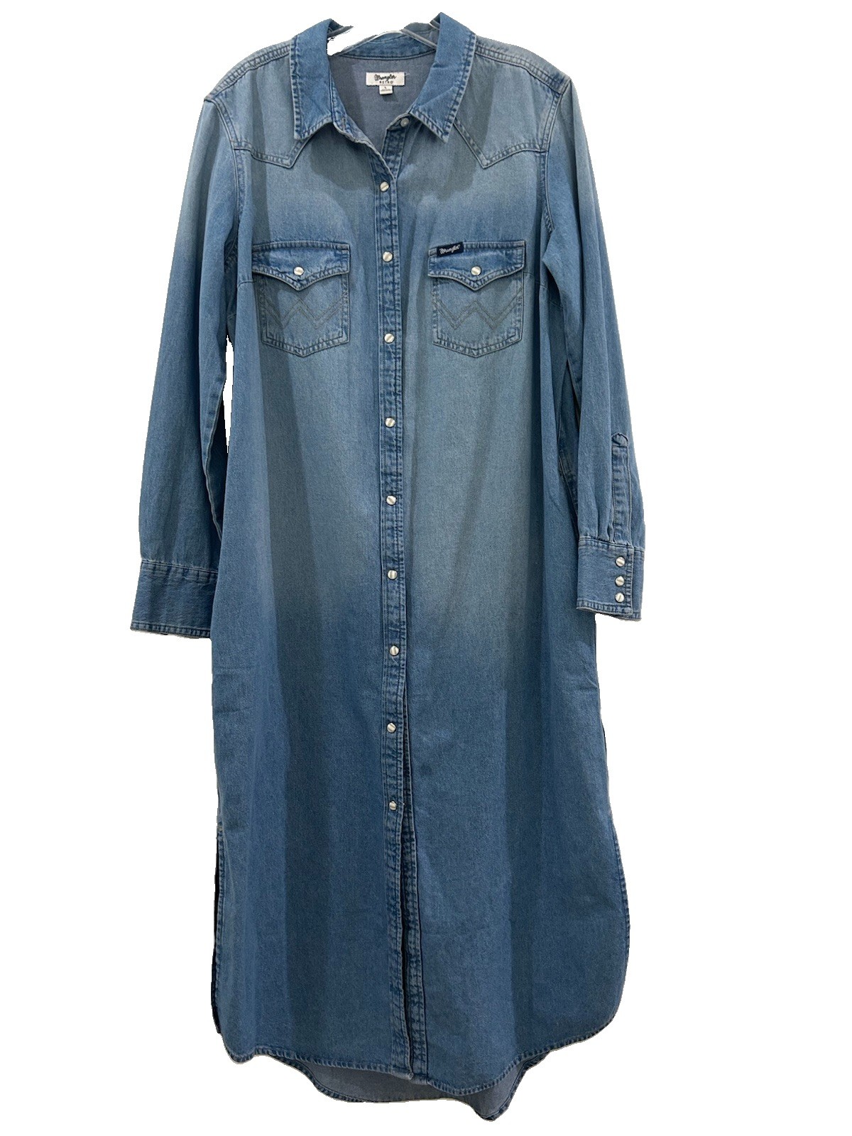 Wrangler Retro Denim Dress Size L Snap Front Long Sleeve Side Pocket Cowgirl