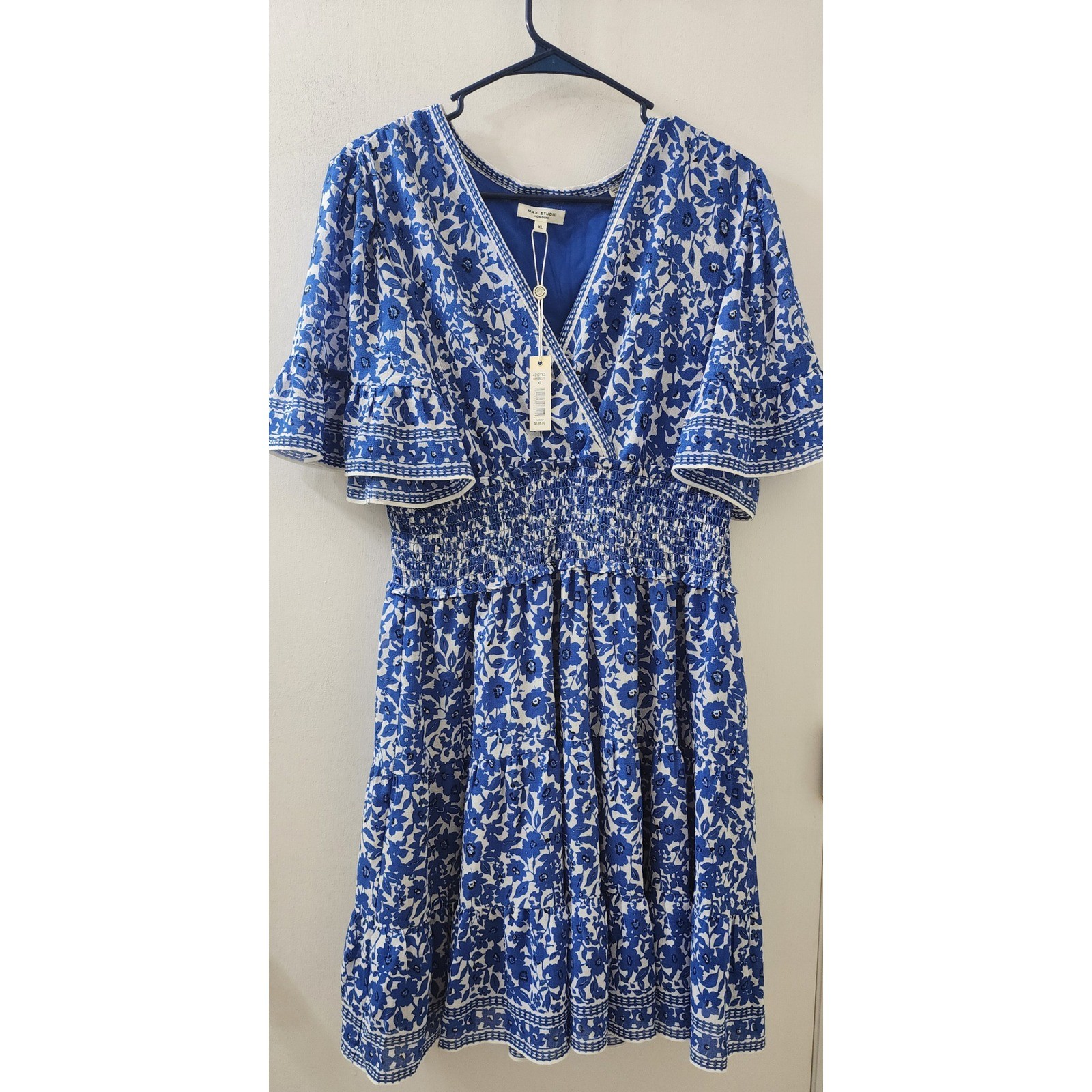 Max Studio London Blue Floral Smocked Waist Tiered Midi Dress 4910Y52 XL NEW