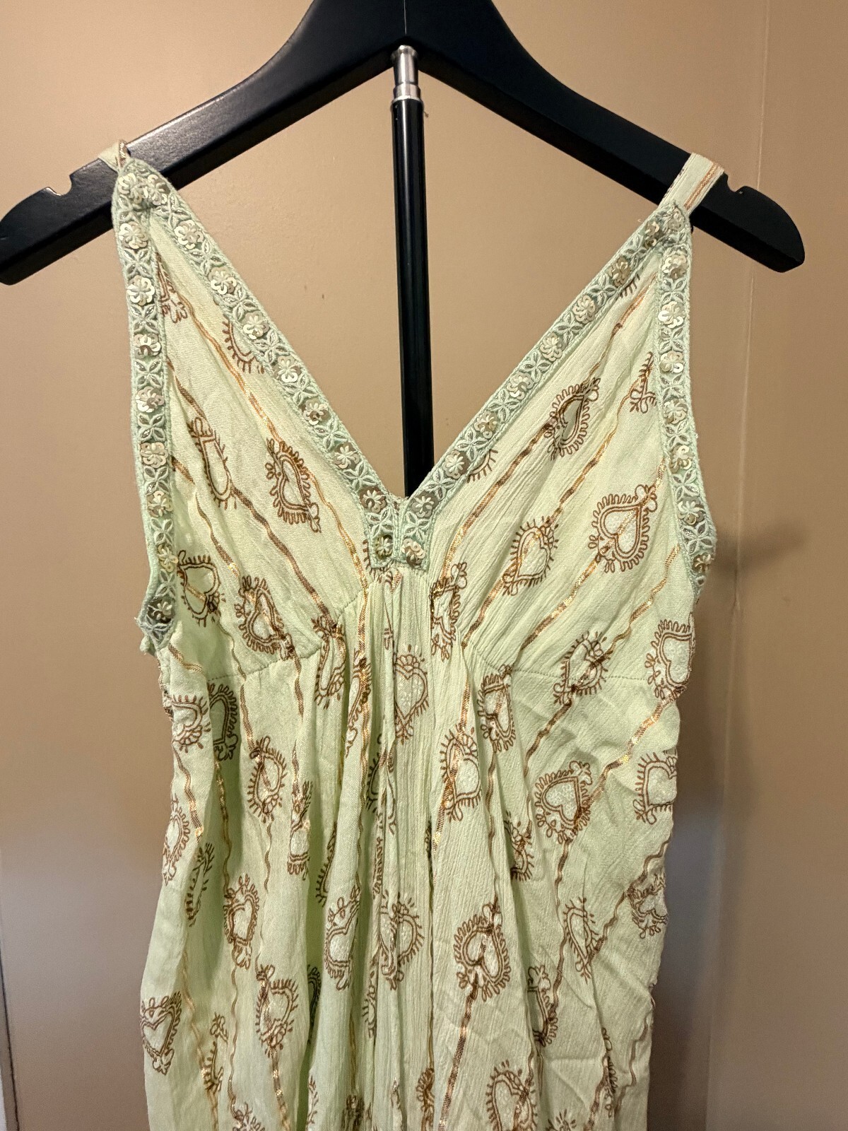 Ananta One Size Mint Boho Maxi Dress Sequin Trim Paisley Tassel Resort Beach