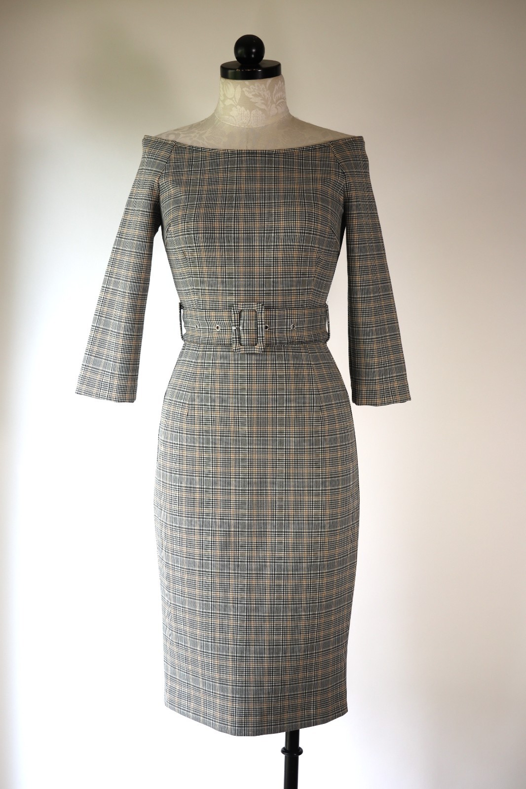Zara Gray Plaid Boatneck Belted Bracelet Sleeve Slim Pencil Sheath Dress Women S