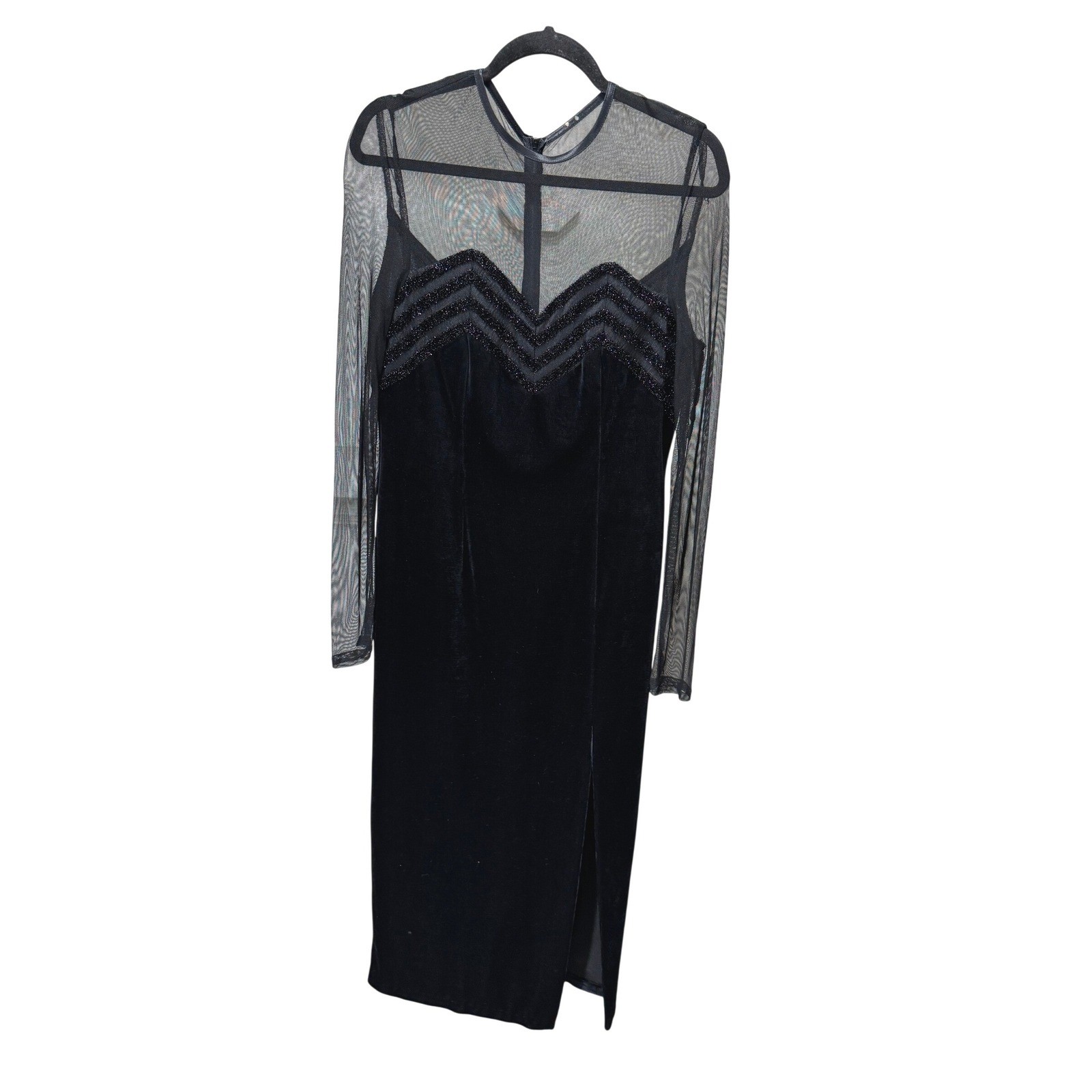 Vera Mont France Velvet Mesh Dress Sz 10 Black Sequin Sheer VTG 90s WhimsiGoth