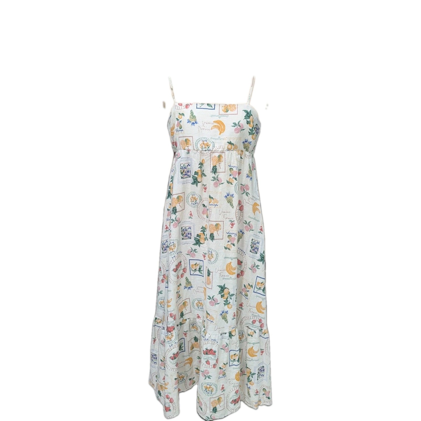 Rachel Zoe Postcard Fruit Print Maxi with pockets Euro Vibes sz M