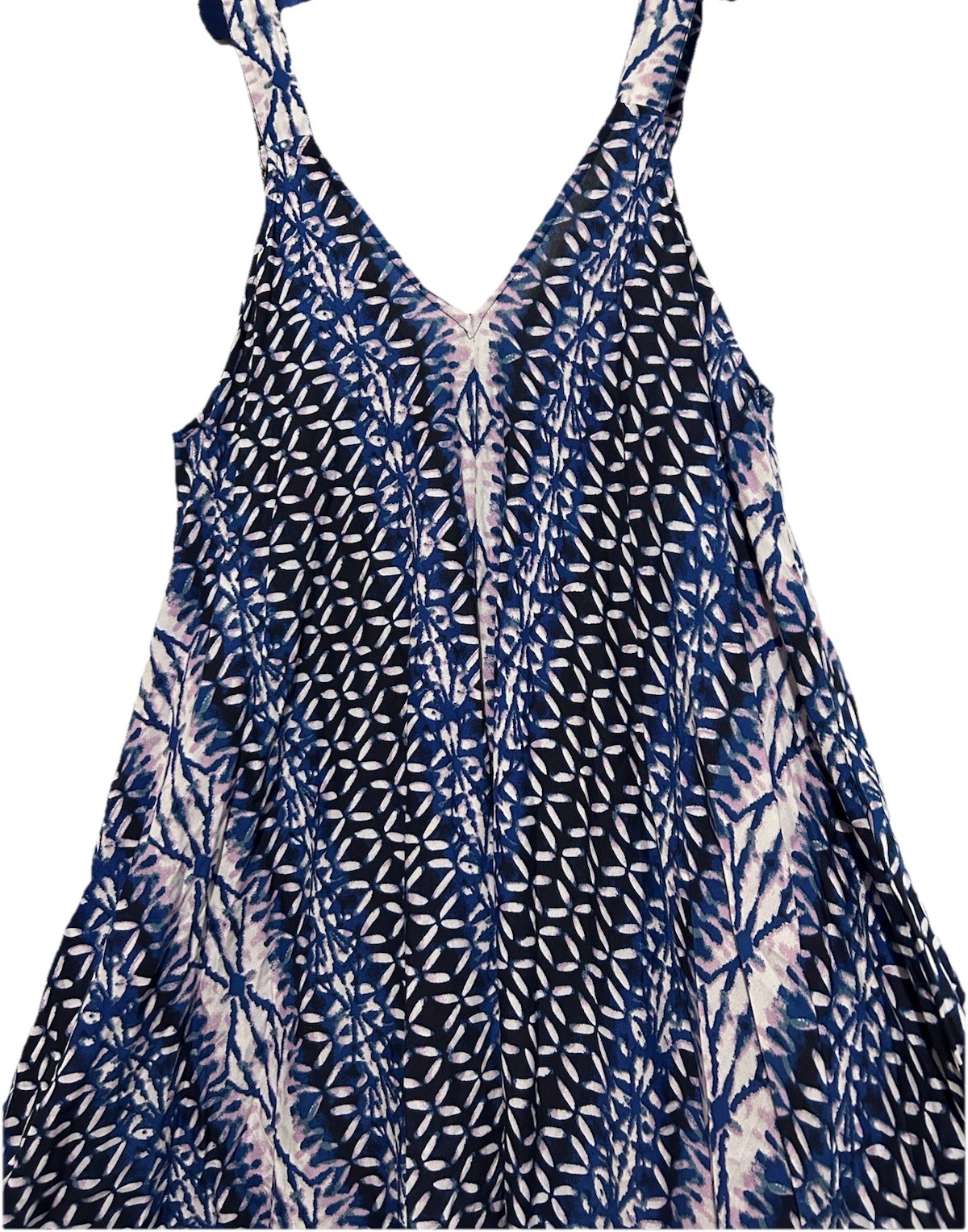 G Unit Dress L Blue Batik Rayon Boho Hippie Flowy Oversized Suspender Sundress