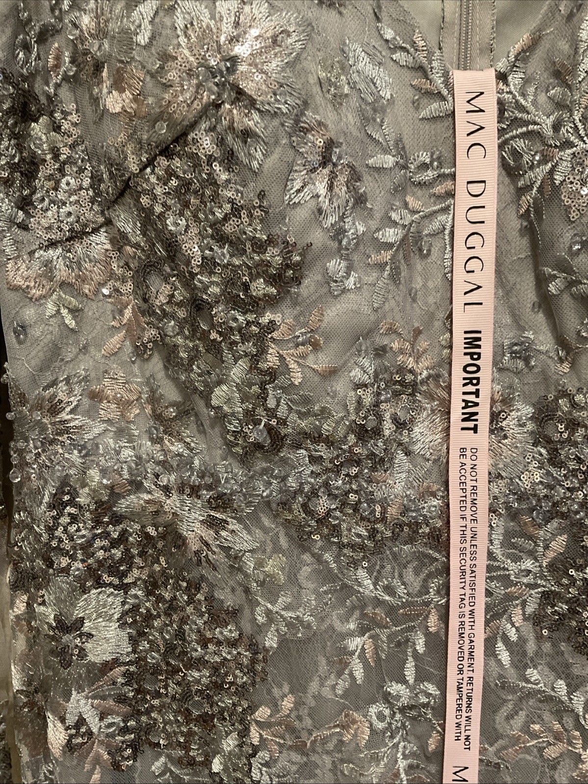Mac Duggal 67539 Sz 12 Platinum Gray Floral Embroidered Embellished Gown $698