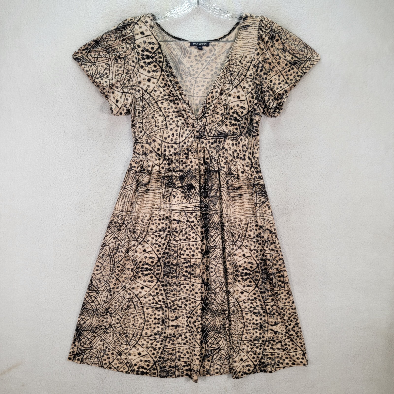 Vtg 90s Max Edition Beige Retro Print Jersey Stretch A Line Womens Dress Size M