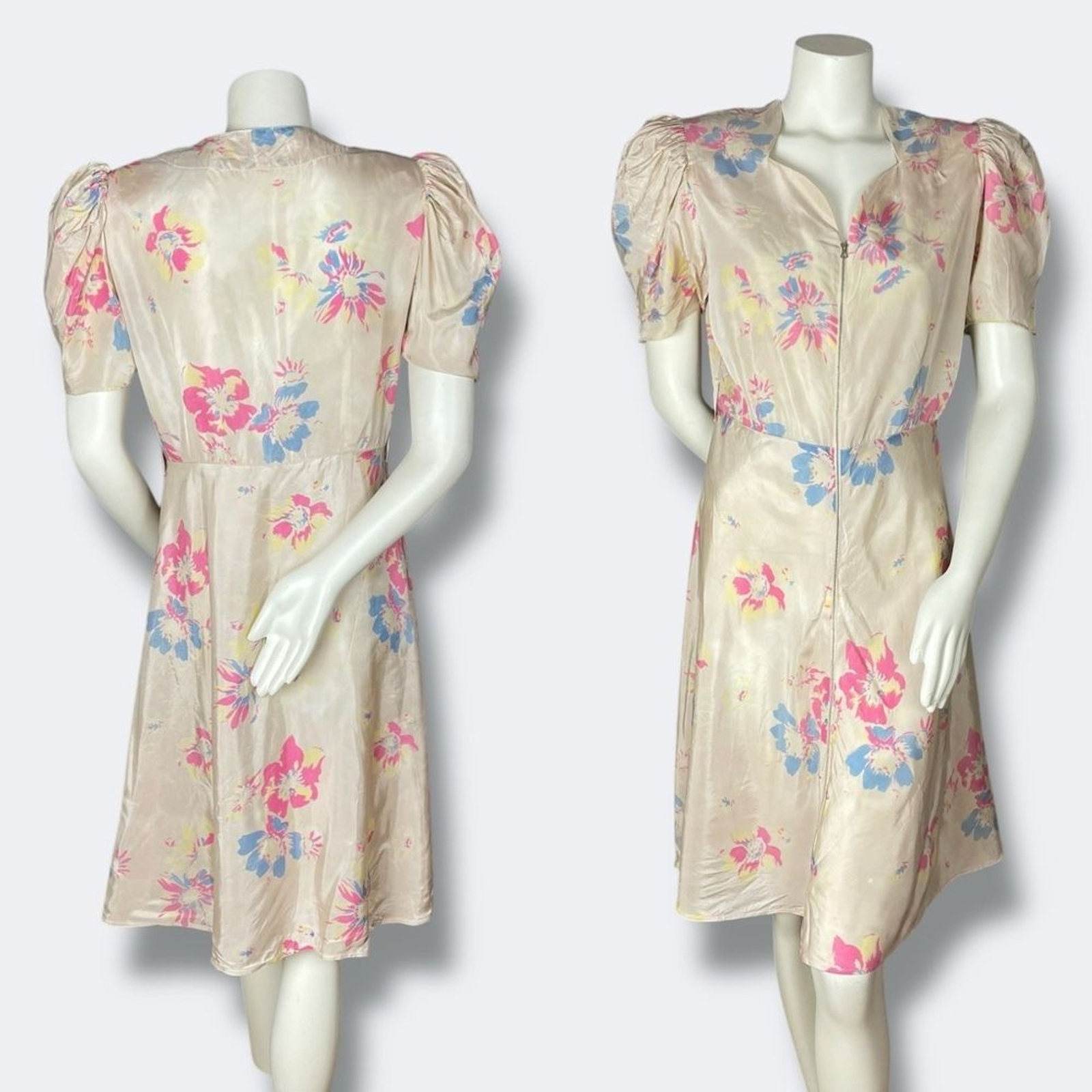 Vintage 1940s Floral Dress Zipper Front Housedress Short Puffed Sleeves Beige