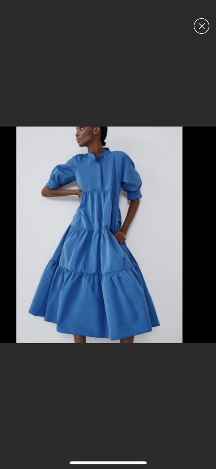 ZARA Blue Tiered Poplin Dress Puff Sleeve Oversized Midi Maxi Statement
