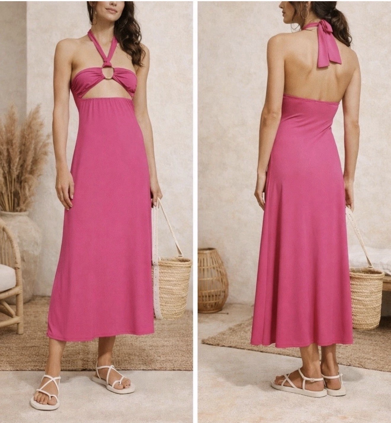 NWT Womens Size Medium Solid & Striped Tati Front Ring Cut Out Halter Midi Dress