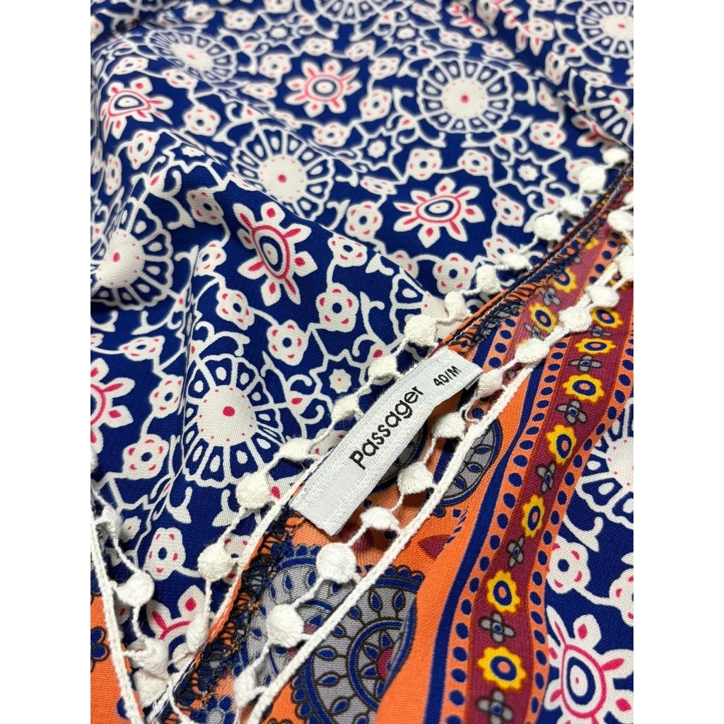 Passager Boho Beach Cover Up Dress EU 40 M Medallion Print Pom Trim