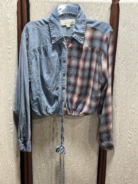 Women’s Vintage Havana est 1954 Blue Denim Plaid Flannel Color Block Top Size M!