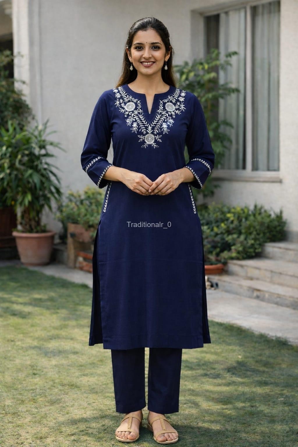 Women’s Cotton-Silk Embroidered Straight Kurta with Matching Trousers Co-ord Set