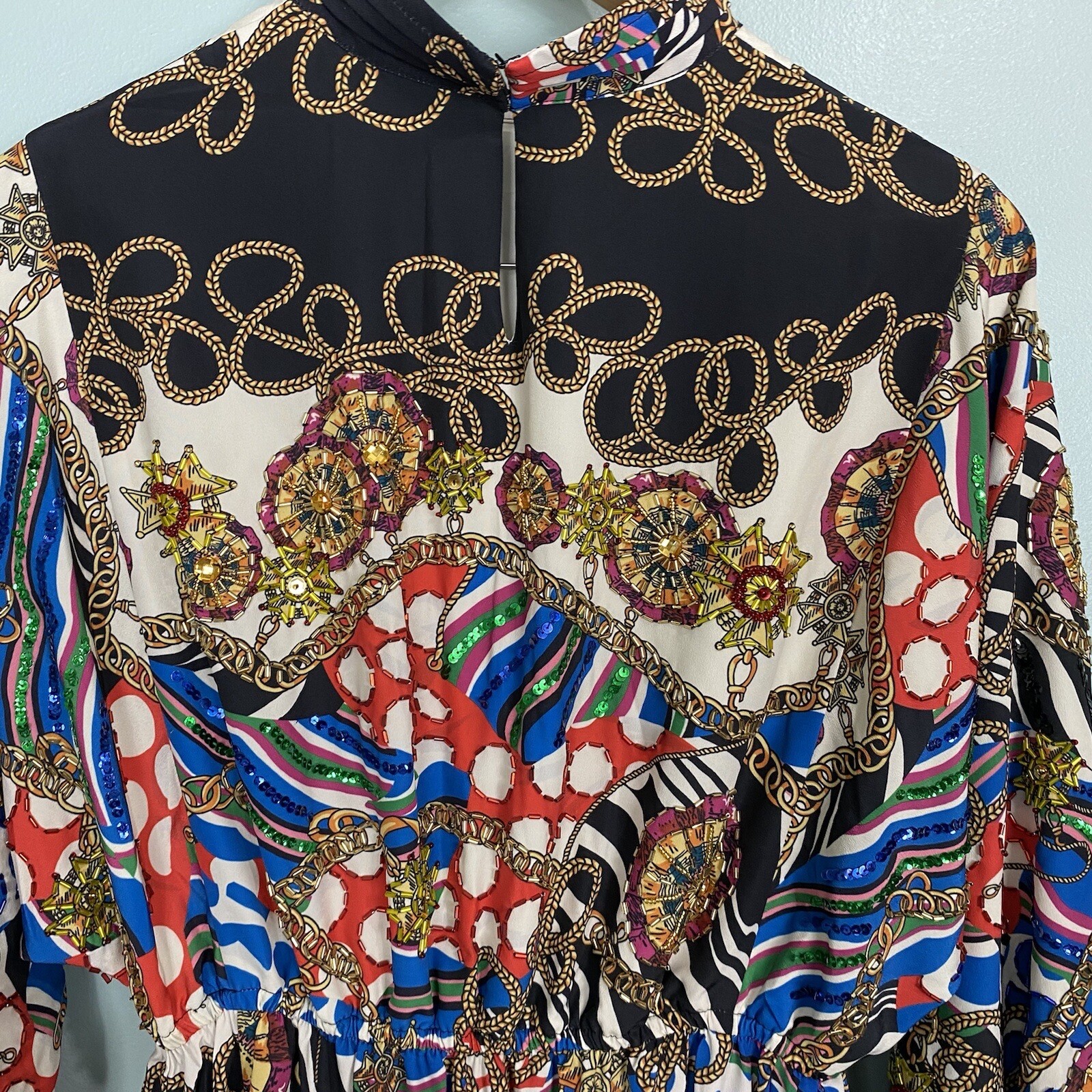 Rhode Caroline Chain Print Mini Dress Beaded Colorful Fit Flare Sz Small Sequin