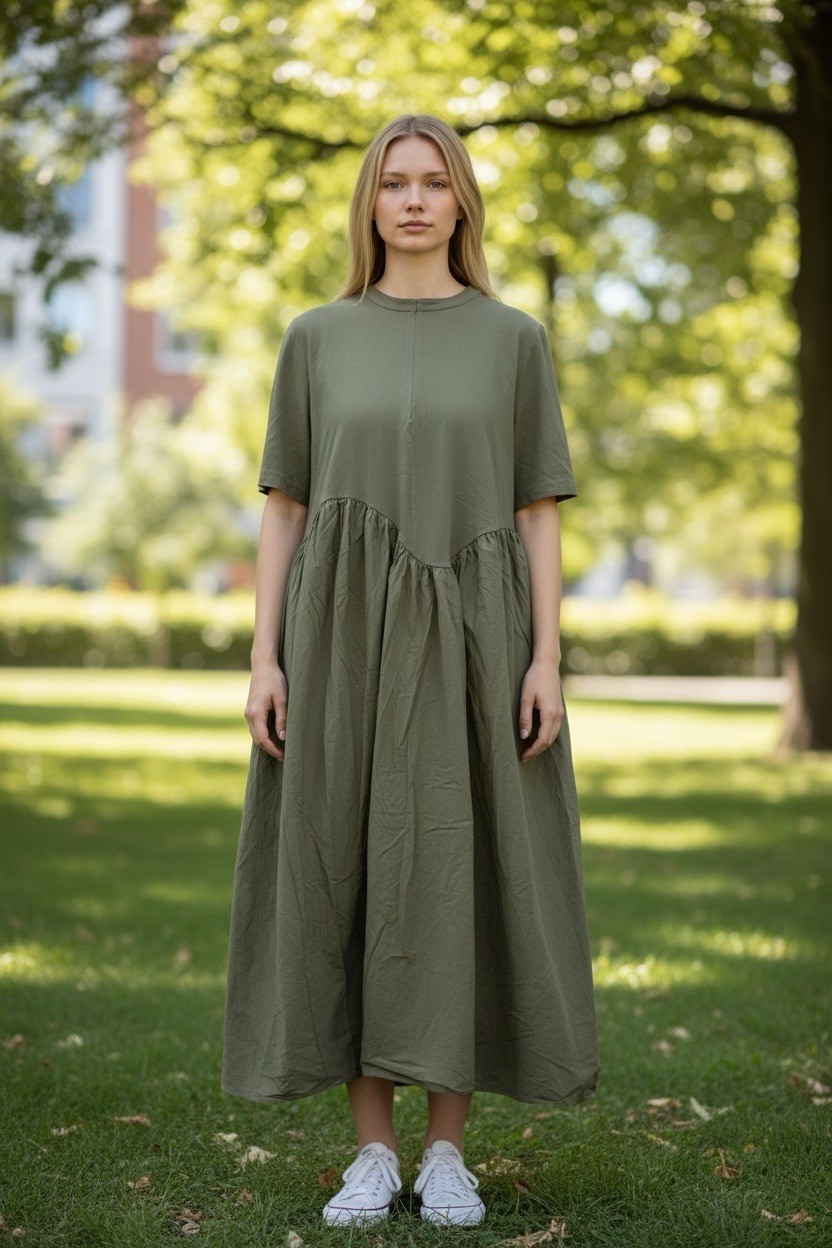 COS Maxi Olive Green Dress sz L Cotton Zip Front Short Sleeve Portugal EUC