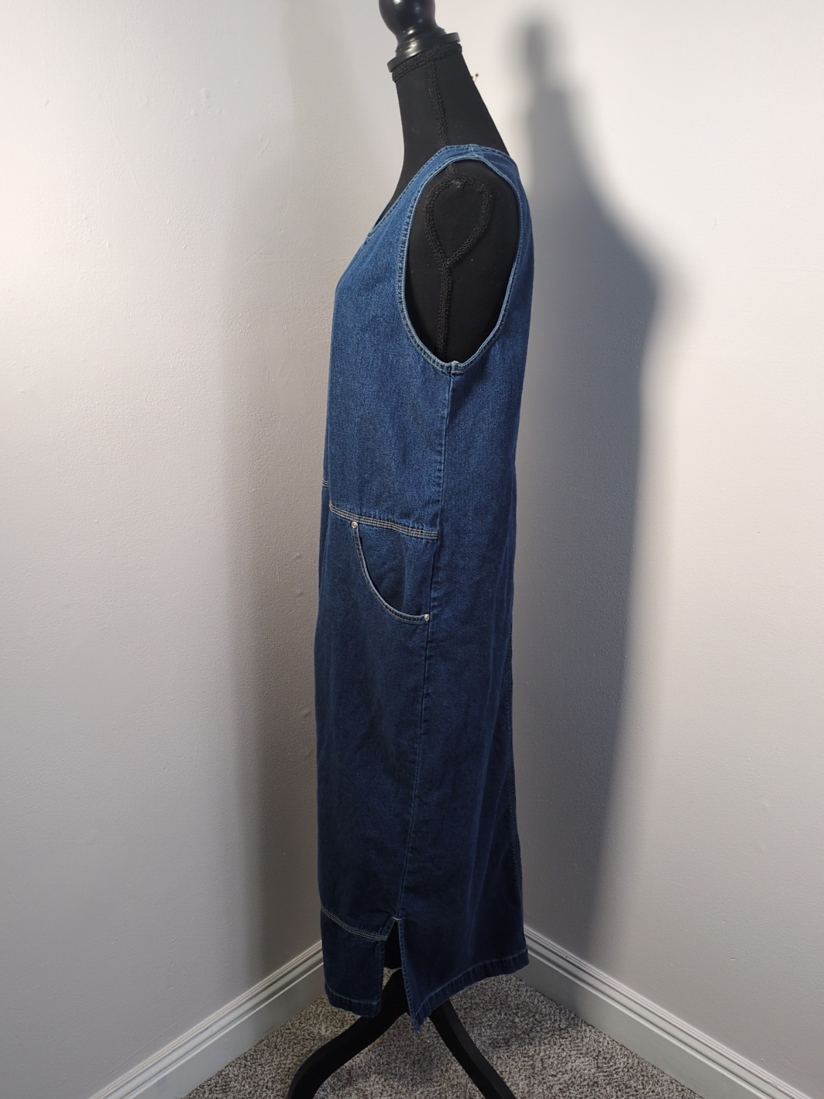 VTG Basic Edition Denim Sleeveless Maxi Dress, Women’s S, Pockets Dark Wash