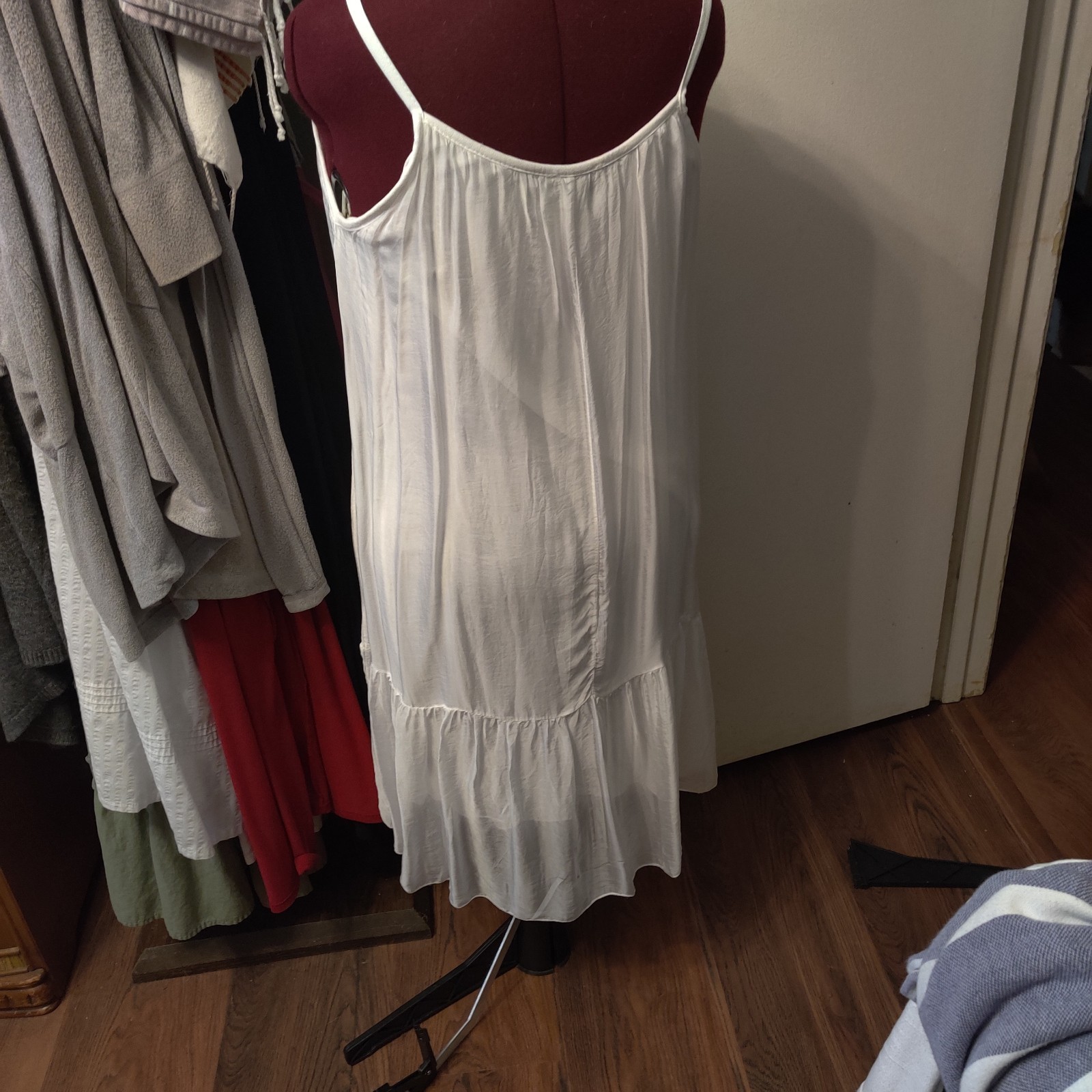 Bella Dahl White Solid Shift Dress Round Neck Spaghetti Strap Short Viscose/Silk