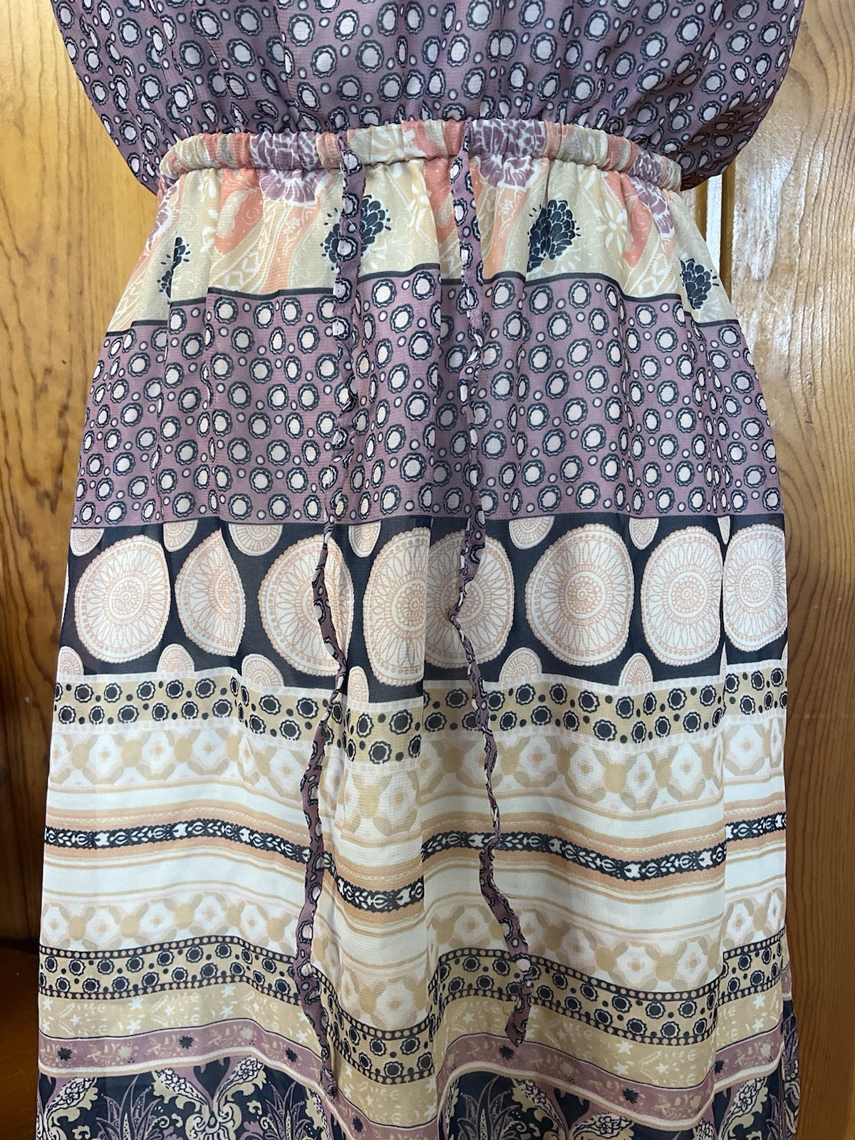 Medium Strapless Dress Purple Tan Paisley Boho Pattern Light Navy Blue Stripe